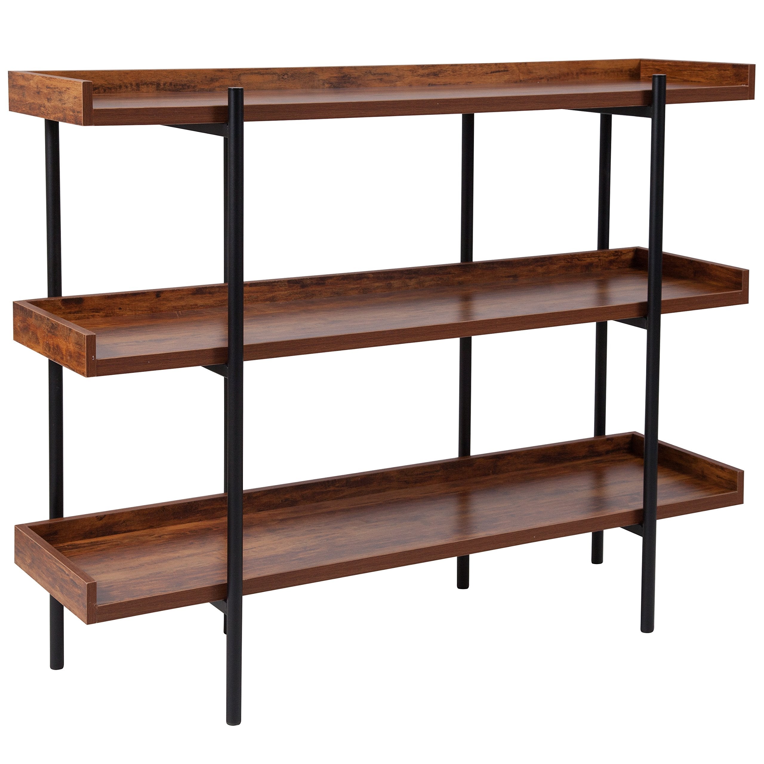 Flash Furniture Mayfair 3 Shelf 35'H Storage Display Unit Bookcase With Black Metal Frame In Rustic Wood Grain Finish