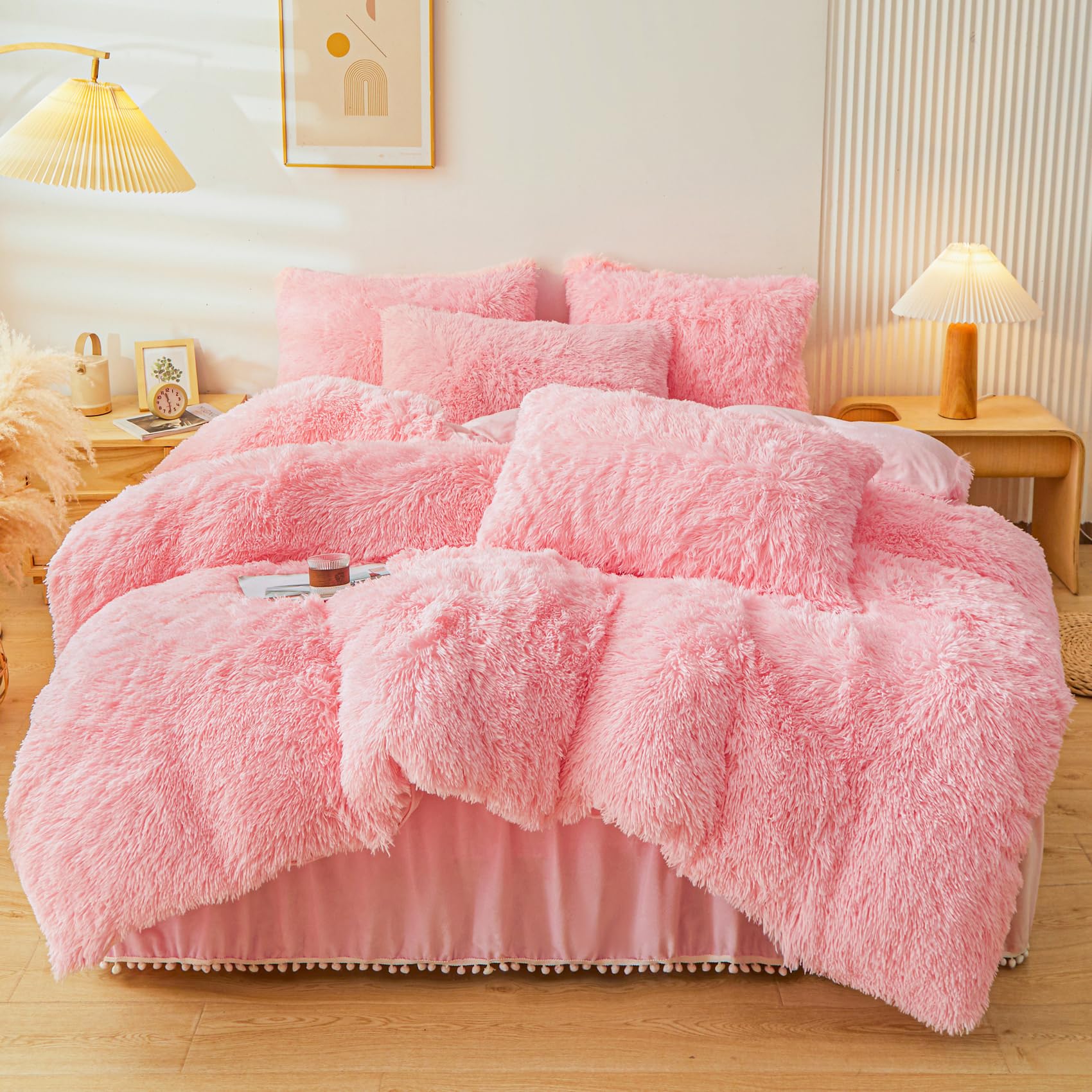 Erloxo Fluffy Pink Faux Fur Comforter Cover Set Twin,Fluffy Fuzzy Plush Pink Bedding 2Pcs (1 Faux Fur Duvet Cover +1 Fuzzy Pillo