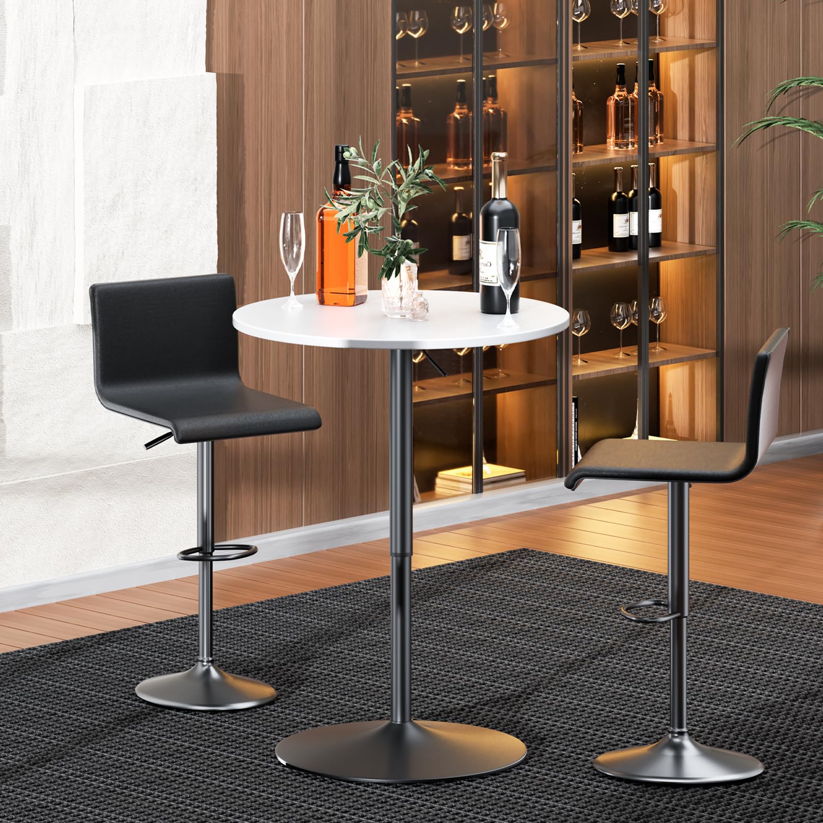 Monibloom Pub Round Table White Wood Texture Top With Metal Base And With Adjustable Height, 23.5' Diameter Modern Cocktail Bistro Table For Dining Bistro Cafe Home Bar (White)