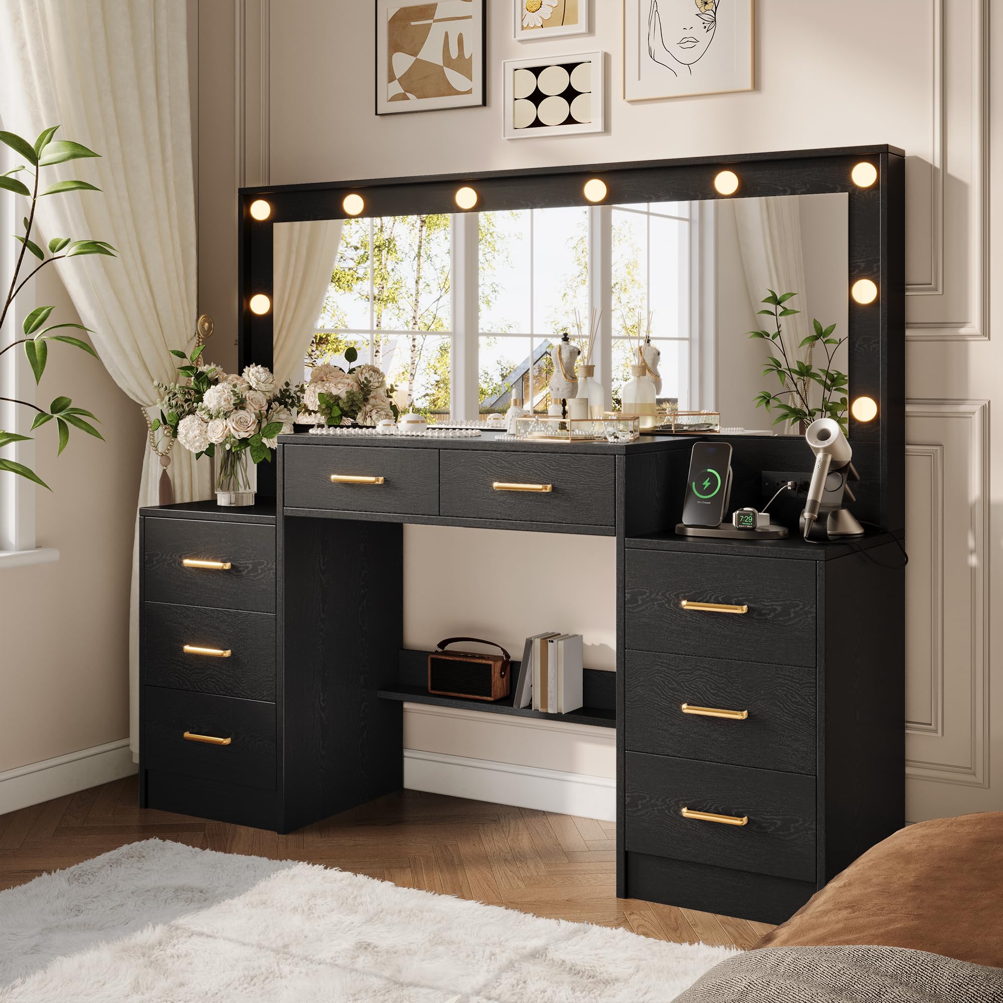 TOKSOM Makeup Vanity with Lights & Charging Station, Vanity Table with 5 Drawers & Open Storage Shelves, Bedroom Makeup Dressing