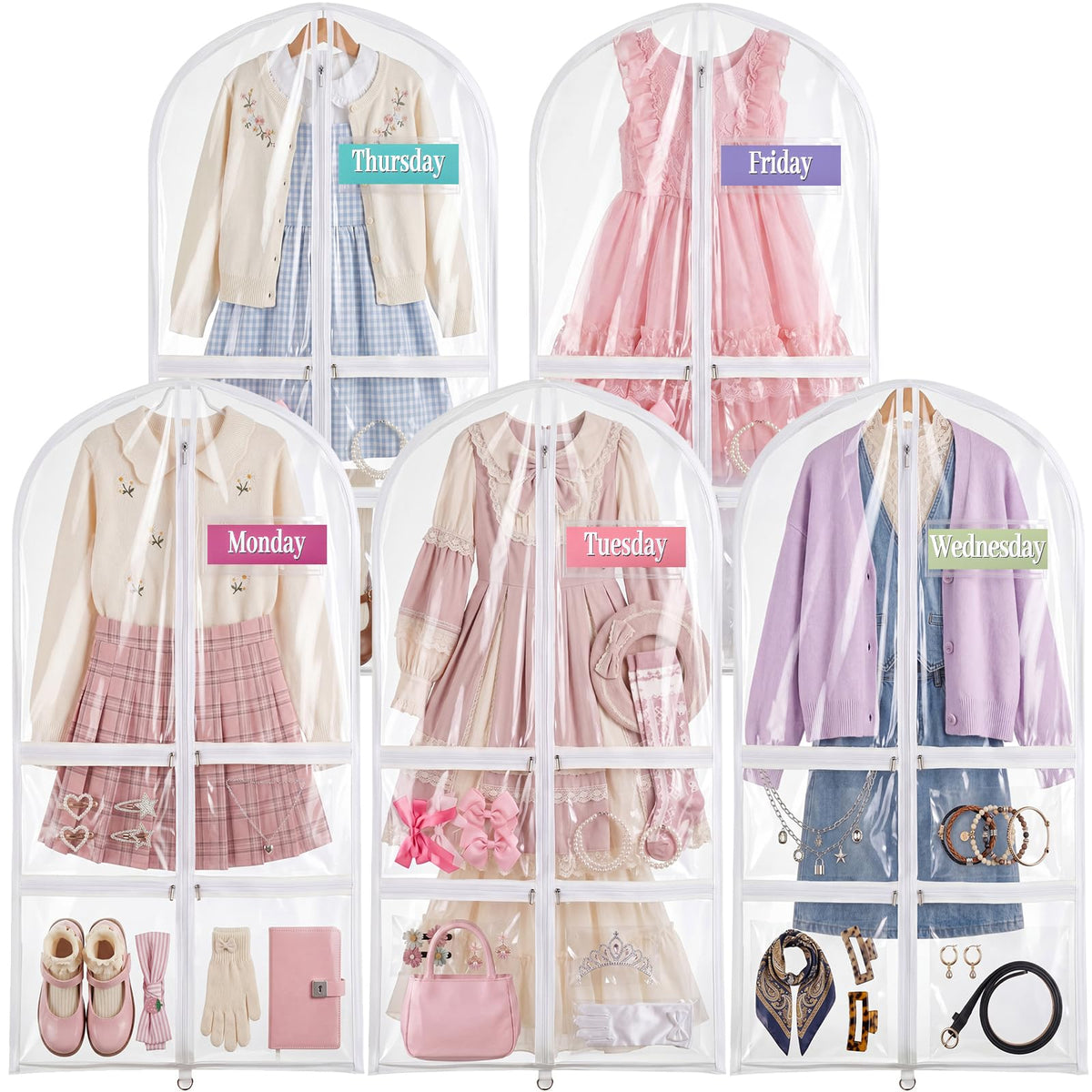 Pinkunn 5 Pcs Weekly Clothes Organizer for Kids, 40 Inch Clear Garment Bags