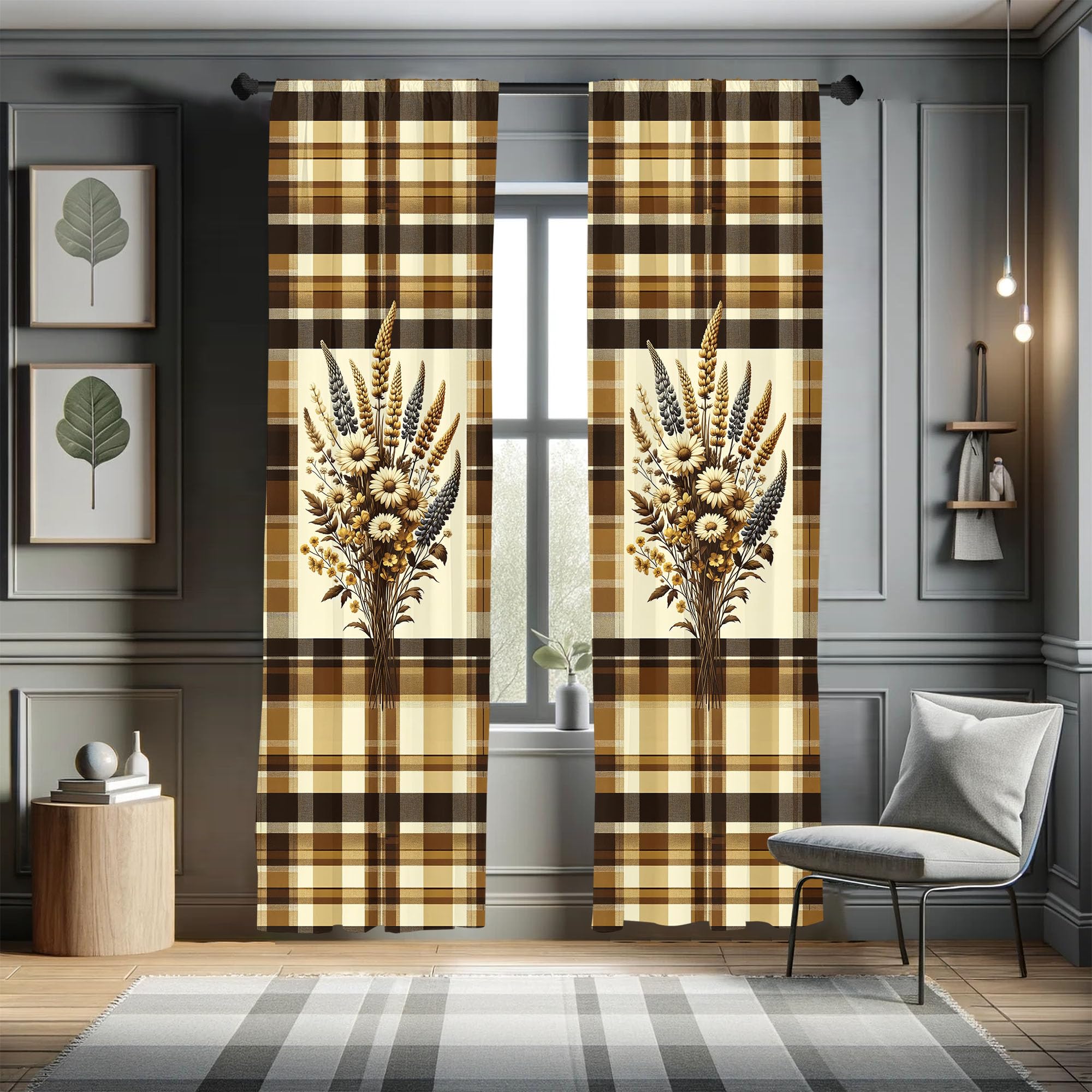 Ambesonne Autumnal Window Curtains, Earthy Fall Tone Leafy Floral Bouquet Illustration with Tartan Plaid Back, Lightweight Decor