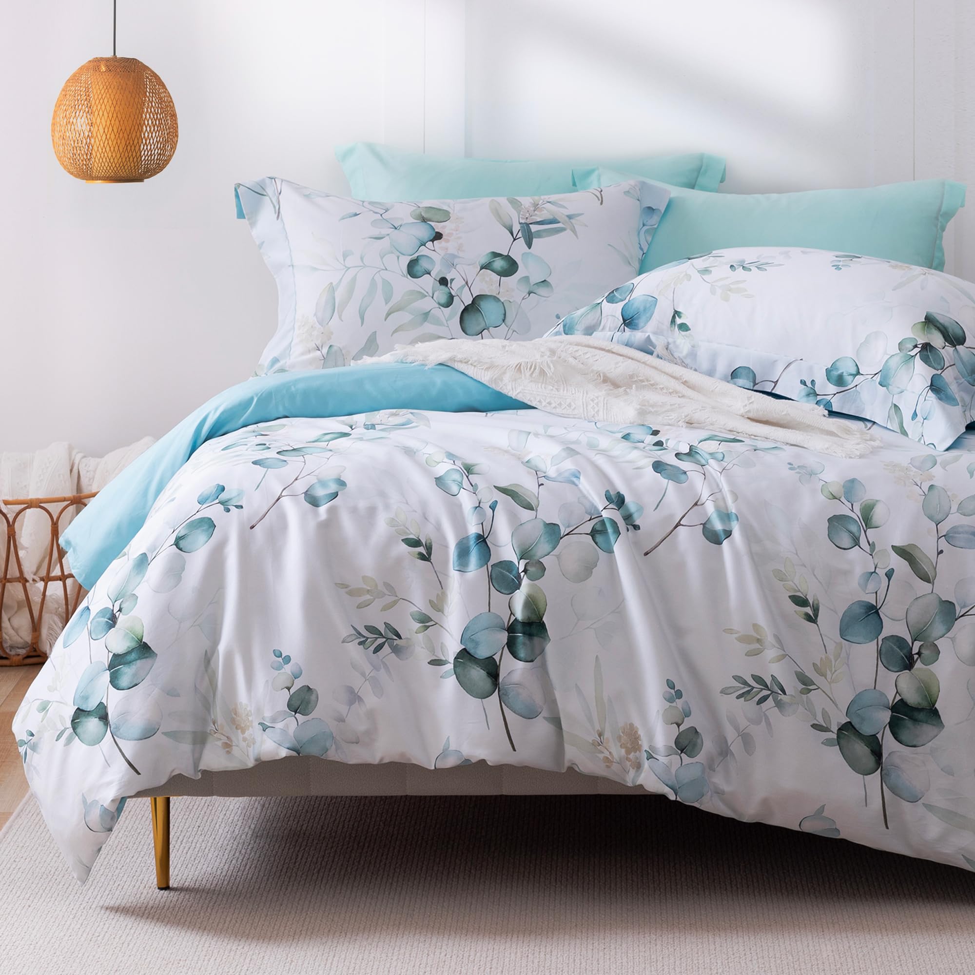 MILDLY 100% Long-Staple Cotton Duvet Cover Set Baby Blue Teal Gradient Leaf Pattern Printed Comforter Cover 3pcs, Ultra Soft & B