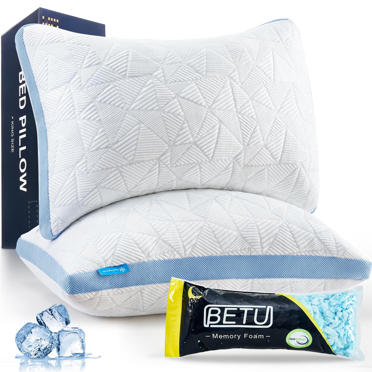 Betu Cooling Pillows Standard Size Set Of 2, Shredded Memory Foam Cool Pillows For Hot Sleepers, Adjustable Firm Soft Support Be