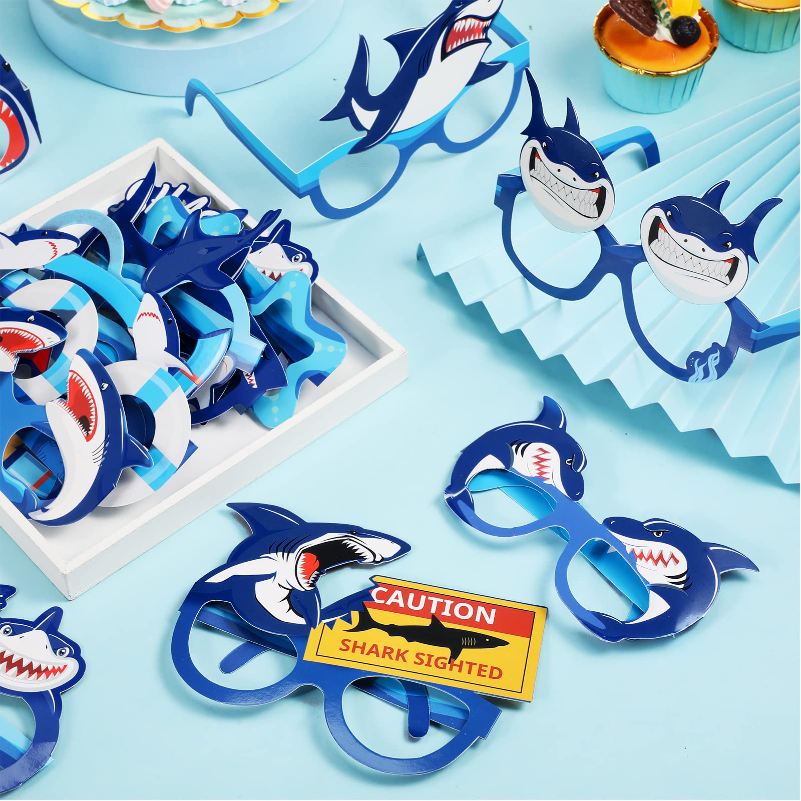 Liliful 32 Pcs Shark Party Eyeglasses Kids Shark Paper Eyeglasses Shark Themed Party Paper Glasses Shark Paper Glasses Photo Boo