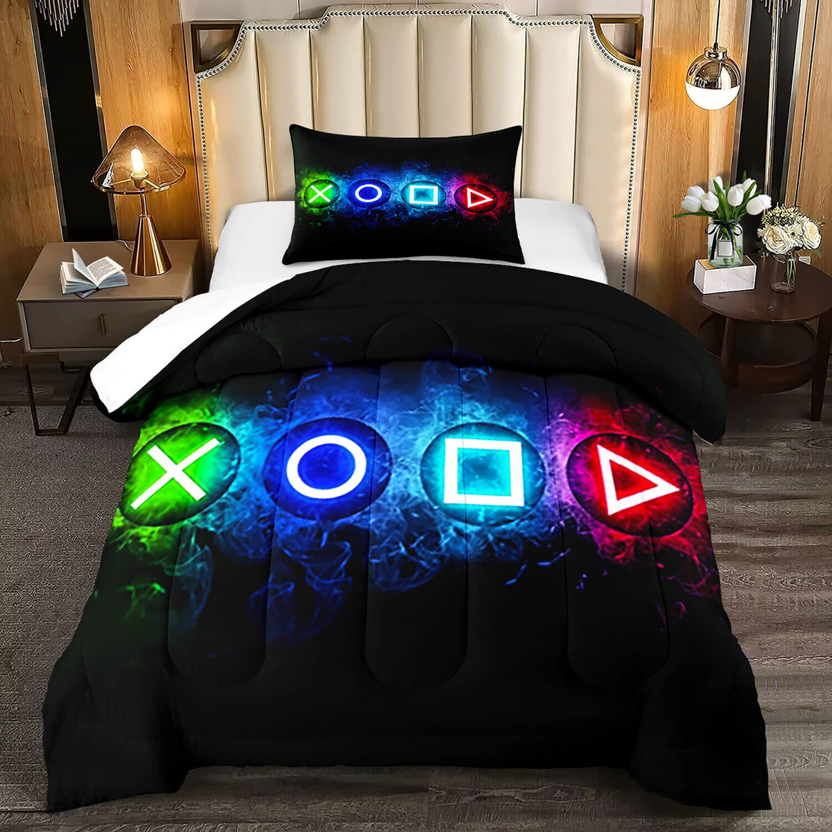 Kodhyvj Gamer Comforter Sets For Boys, Twin Gaming Bedding Sets For Boys, Black Video Game Gamepad Twin Bed Sets For Boys Kids B