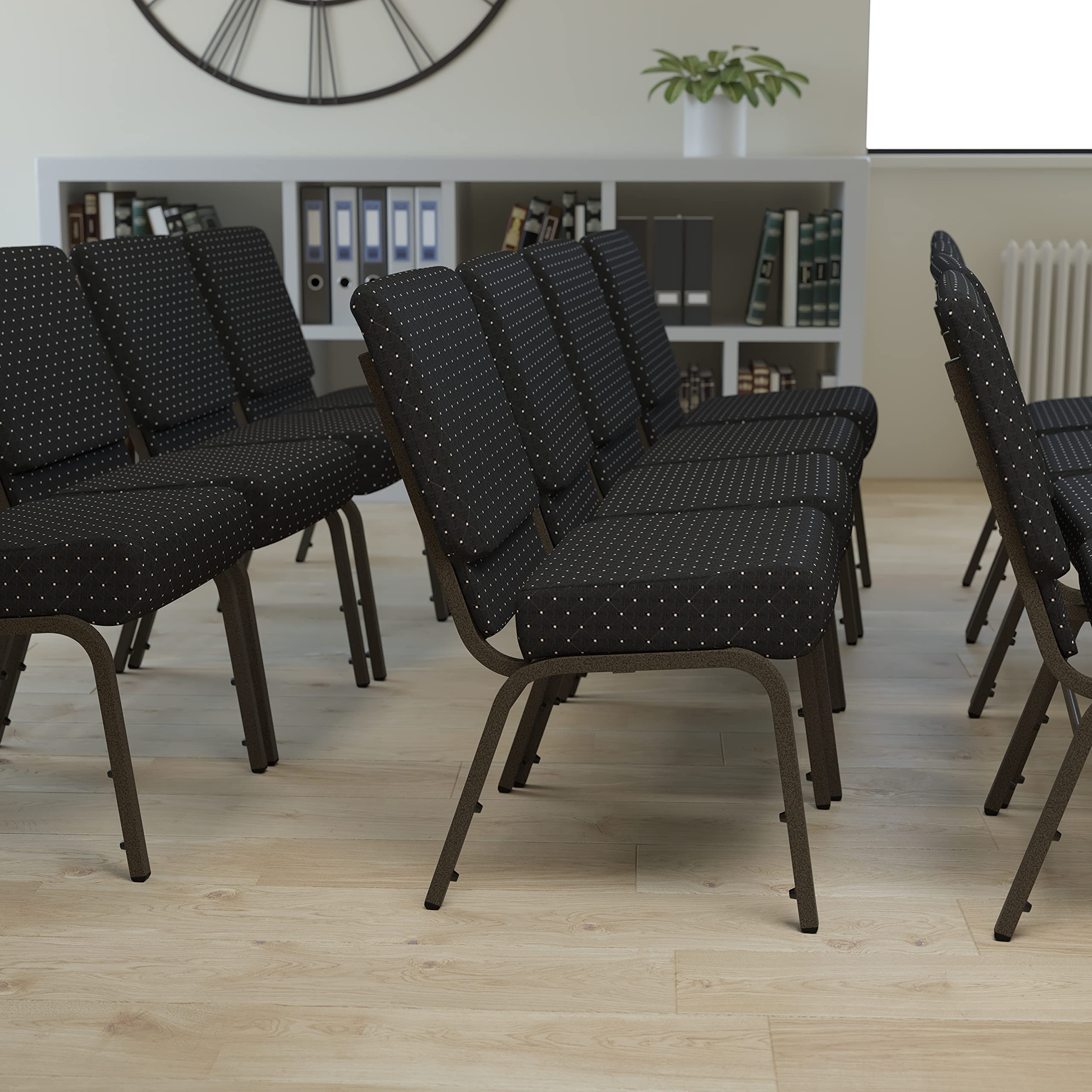 Flash Furniture HERCULES Series 21''W Stacking Church Chair in Black Dot Patterned Fabric - Gold Vein Frame