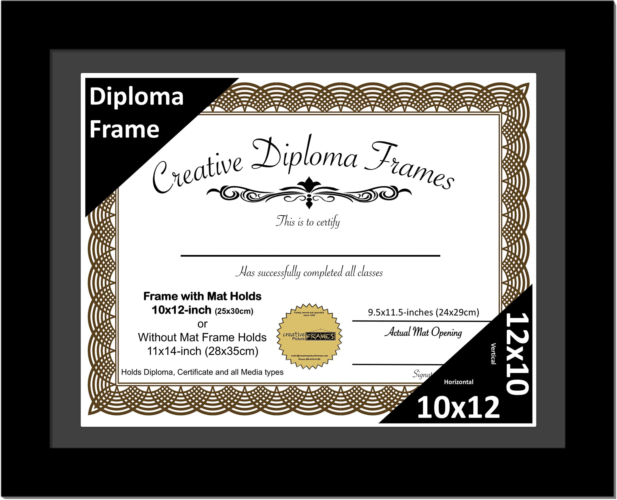 Creative Picture Frames 10x12 Classic Black Diploma Frame with Black Mat Glass Easel and Installed Wall Hangers | Frame Holds 11