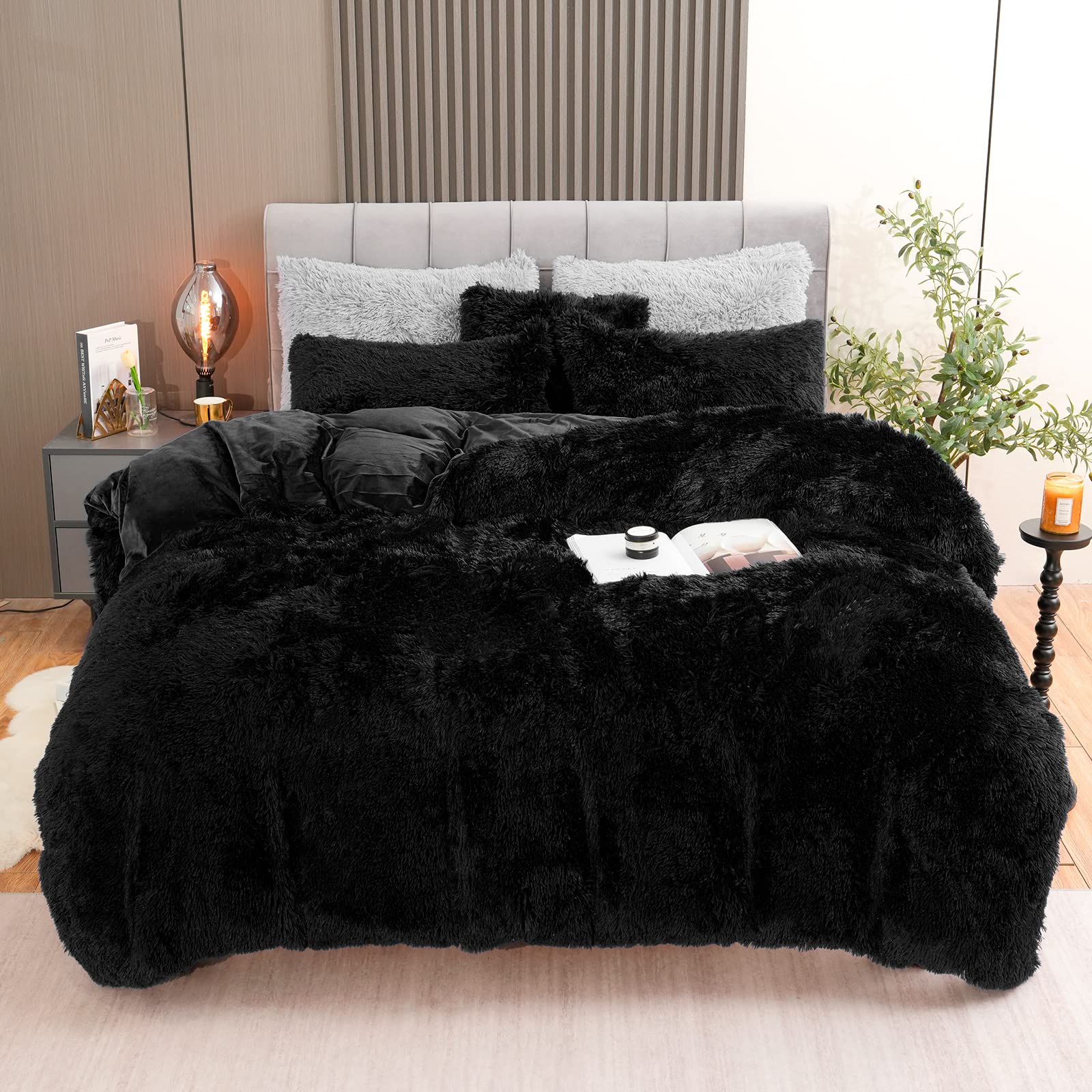 Fluffy Plush Black Duvet Cover Set Queen Size, Luxury Ultra Soft Velvet Fuzzy Comforter Cover Bed Sets 4Pcs(1 Faux Fur Duvet Cov