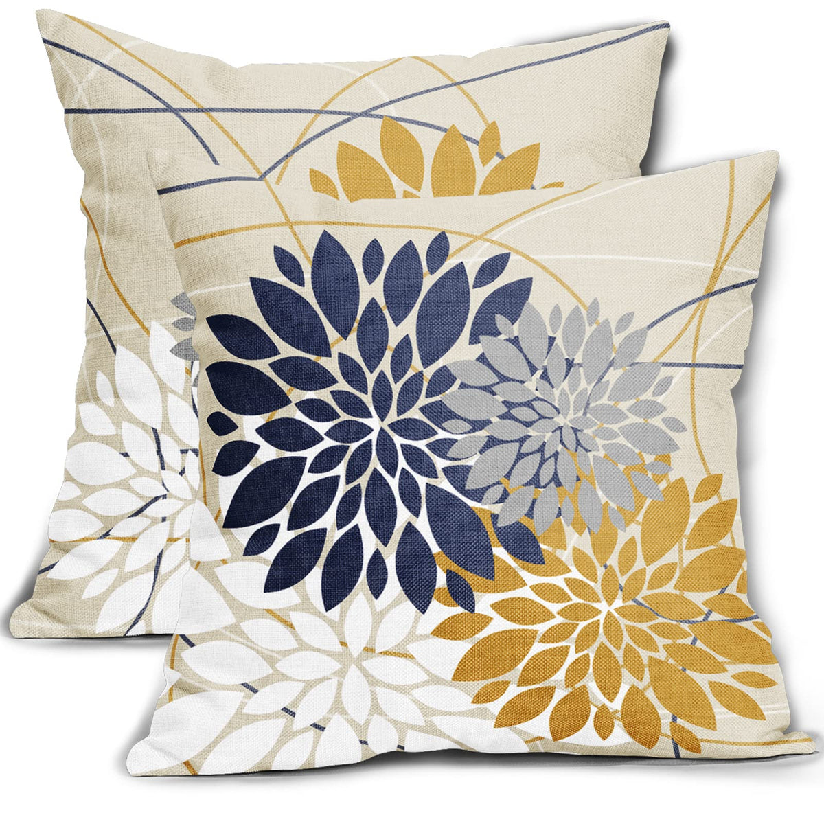 Navy Blue Yellow Dahlia Pillow Cover 18X18 Inch Spring Summer Flower Elegant Line Background Pillow Case Farmhouse Outdoor Decor