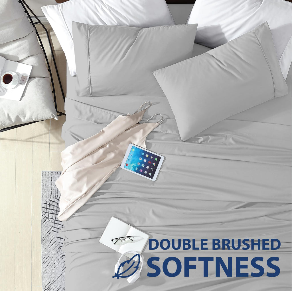 Cathay Home Essentials Ultra Soft Hypoallergenic Wrinkle Resistant Double Brushed Microfiber Bedding Sheet Set, Light Gray, California King