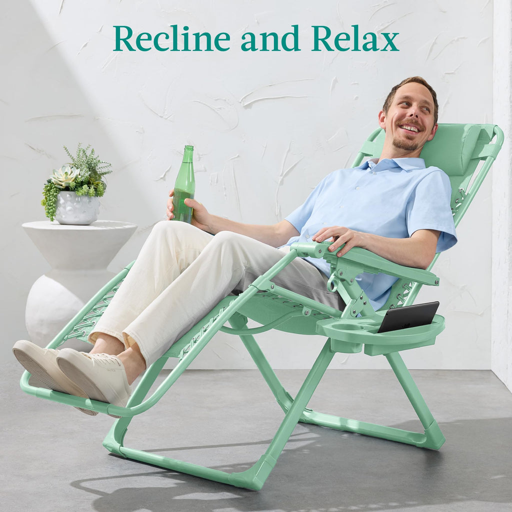 Best Choice Products Adjustable Zero Gravity Chair, Monochromatic Color Folding Patio Recliner W/Side Tray, Headrest - Mint