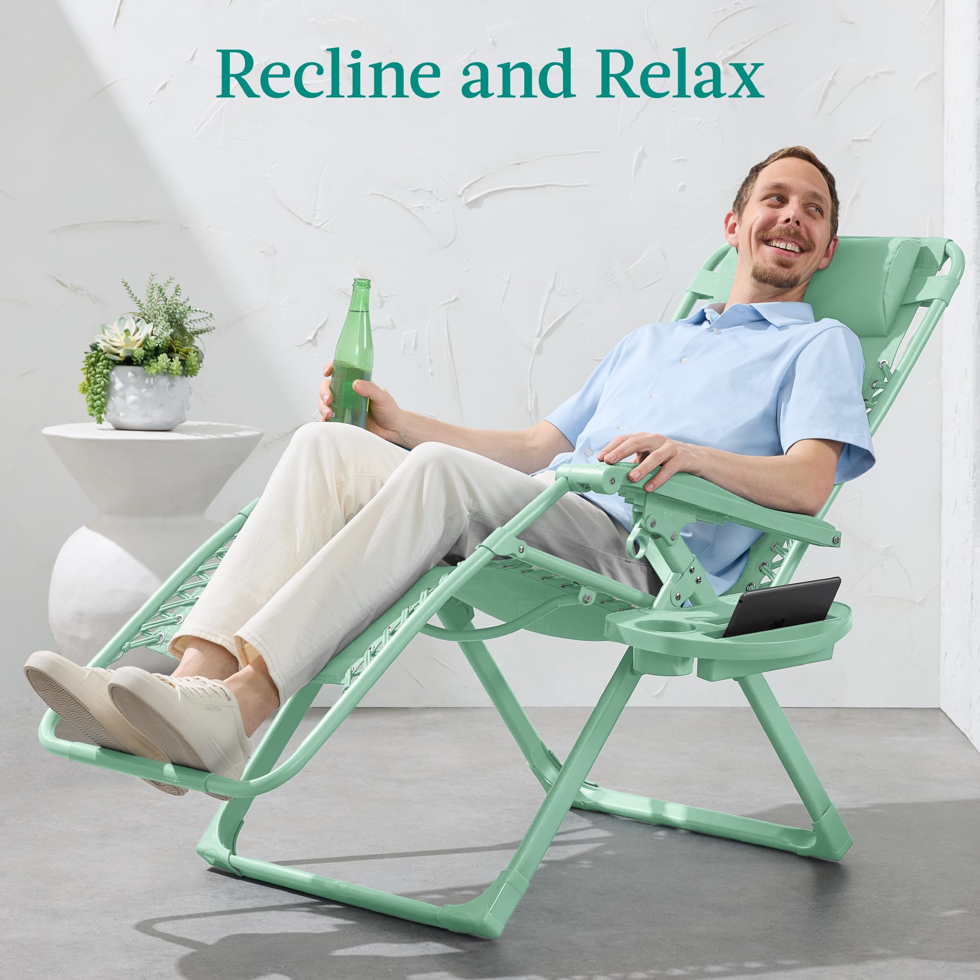 Best Choice Products Adjustable Zero Gravity Chair, Monochromatic Color Folding Patio Recliner W/Side Tray, Headrest - Mint