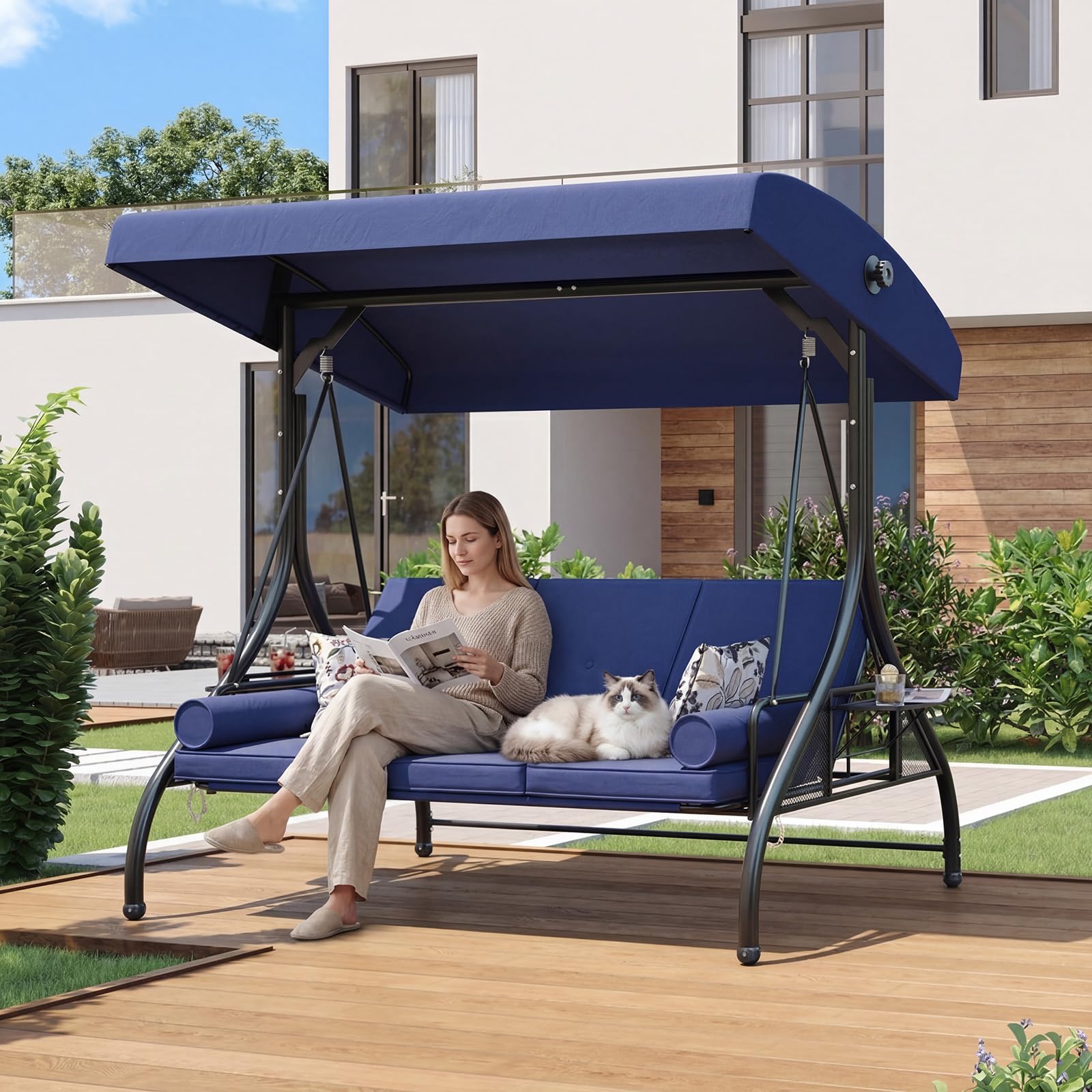 Aoxun Outdoor Porch Swing with Stand and Canopy, 3 Seats Outdoor Swings for Adults, Convertible 2 in 1 Swing Bed with Cup Holder