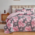 3 Pieces Quilt Set Grey With Pink Floral Quilt Bedding Set Queen Size Soft Microfiber Lightweight Reversible Coverlet Bedspread
