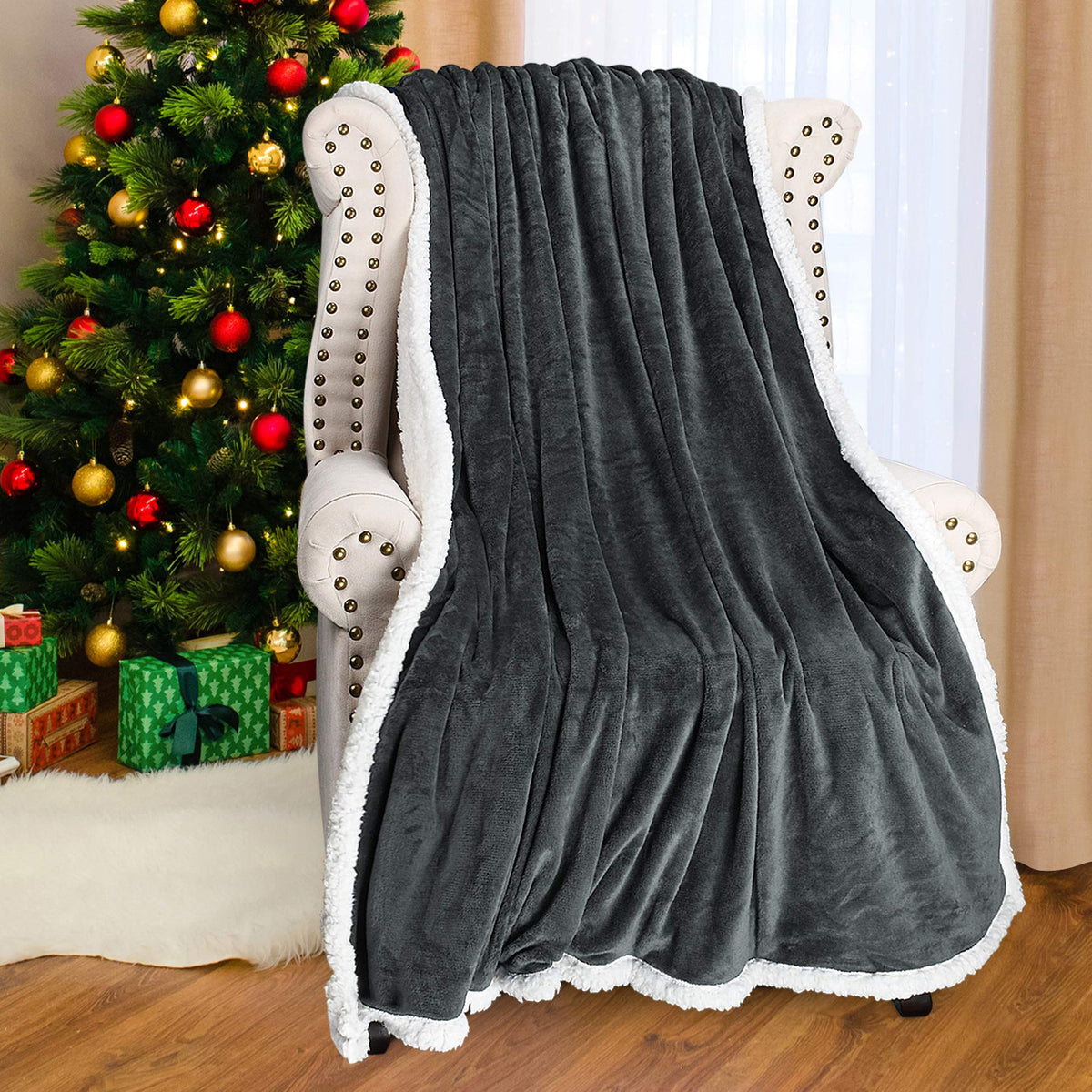 Catalonia Charcoal Grey Sherpa Throw Blanket, Fluffy Plush Fleece Couch Blanket, Super Soft Fuzzy Blanket, Comfy Warm Throws, Co