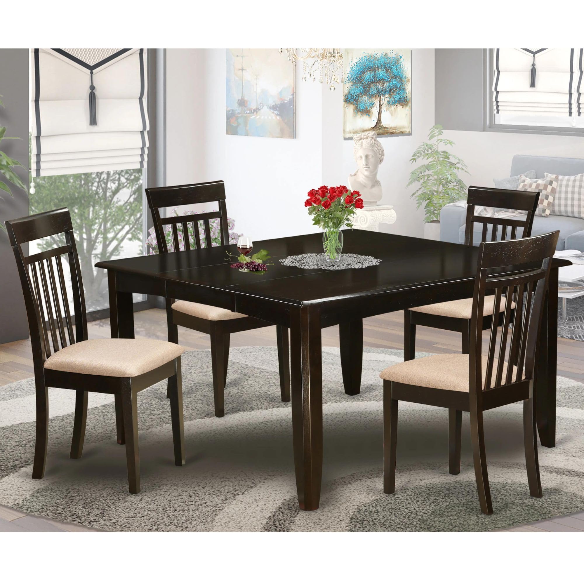 East West Furniture Pfca5-Cap-C 5 Piece Dining Set Includes A Square Dining Table With Butterfly Leaf And 4 Linen Fabric Kitchen Room Chairs, 54X54 Inch, Cappuccino