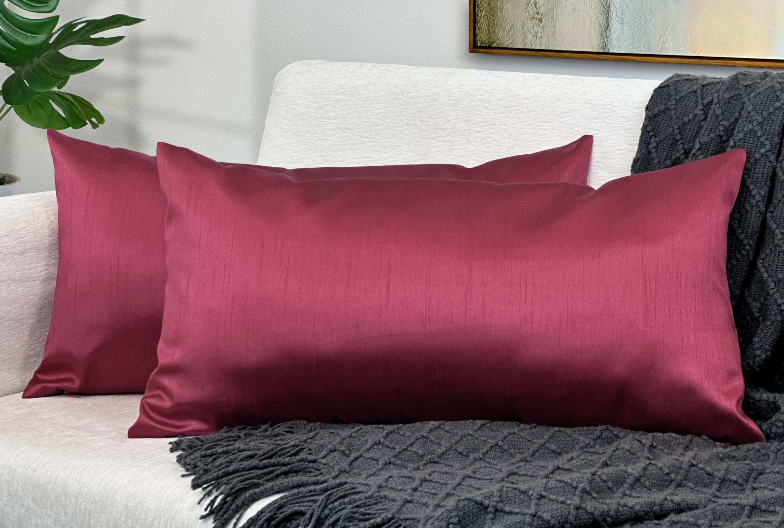 Aiking Home 12X24 Inches Faux Silk Rectangular Throw Pillow Cover, Zipper Closure, Burgundy (Set Of 2)
