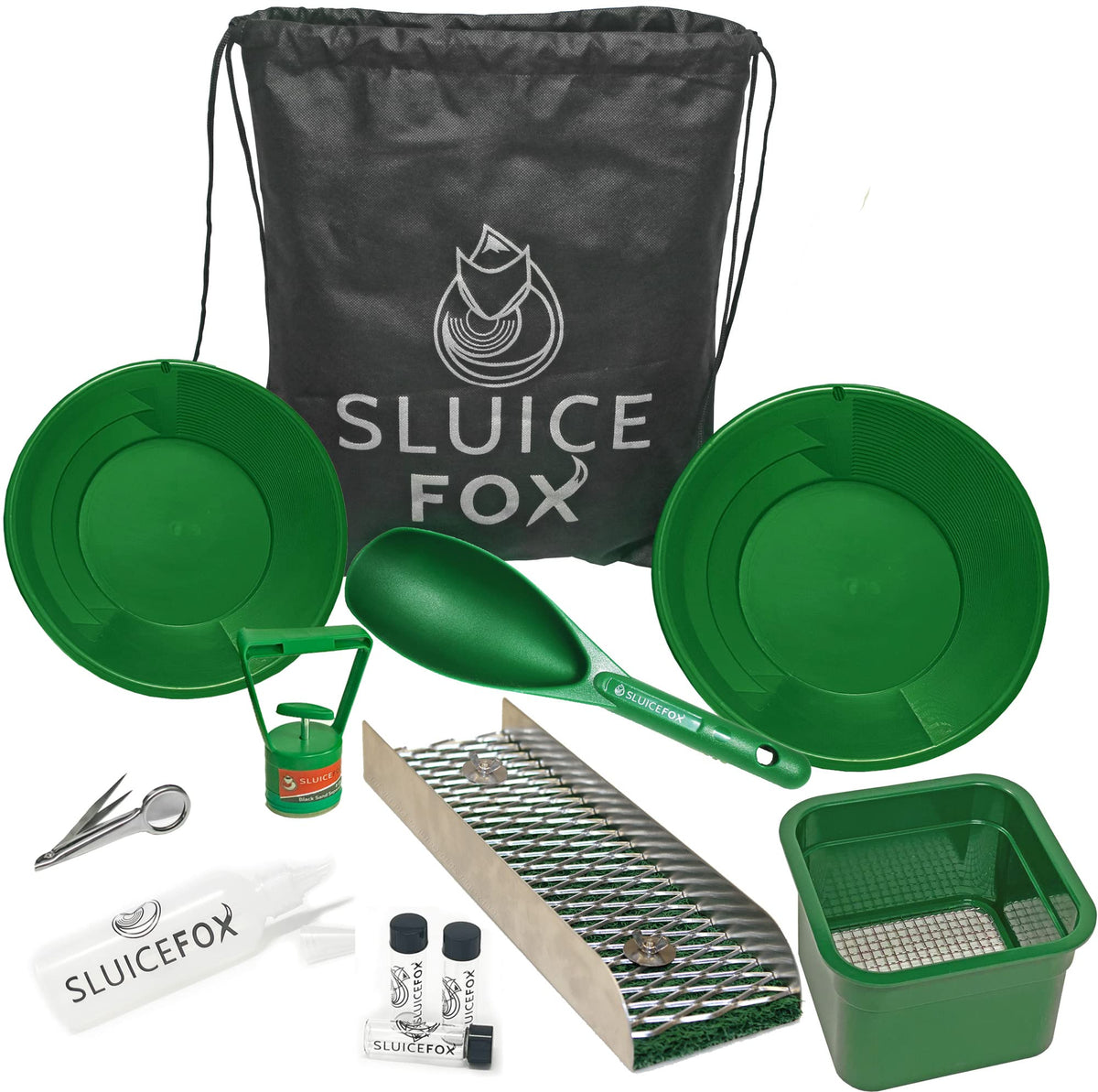 Sluice Fox Backpack Gold Panning Kit Green With Mini Portable Sluice Box; Miners Moss And Gold Trap Sluice Mat, Black Sand Magne