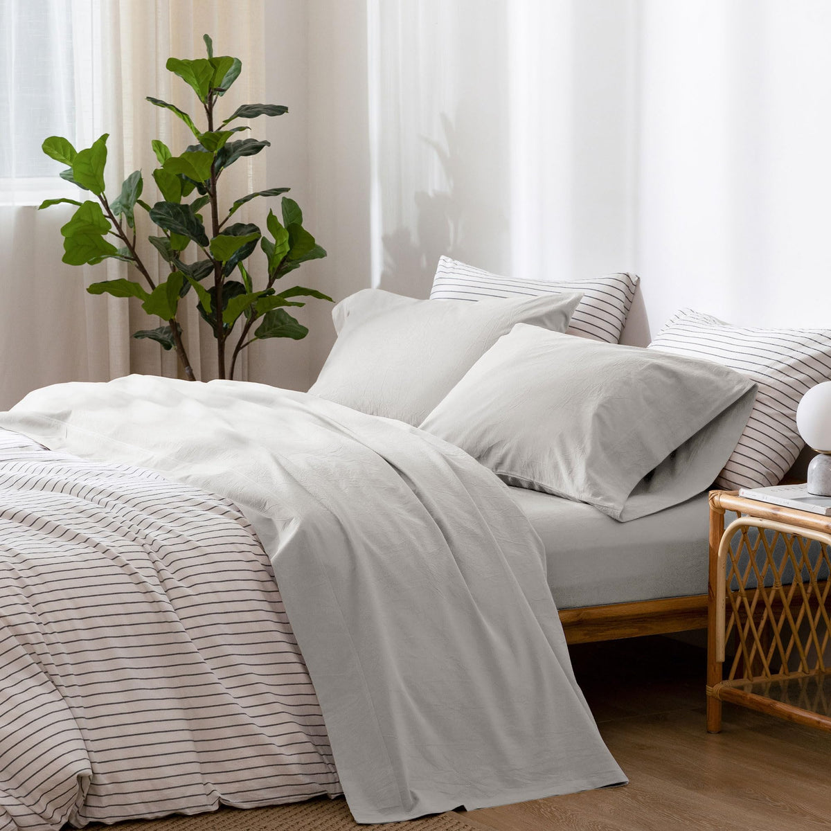 Moomee Bedding Sheet Set 100% Washed Cotton Linen Like Textured Breathable Durable Soft Comfy (Solid Light Blueish Grey, King)