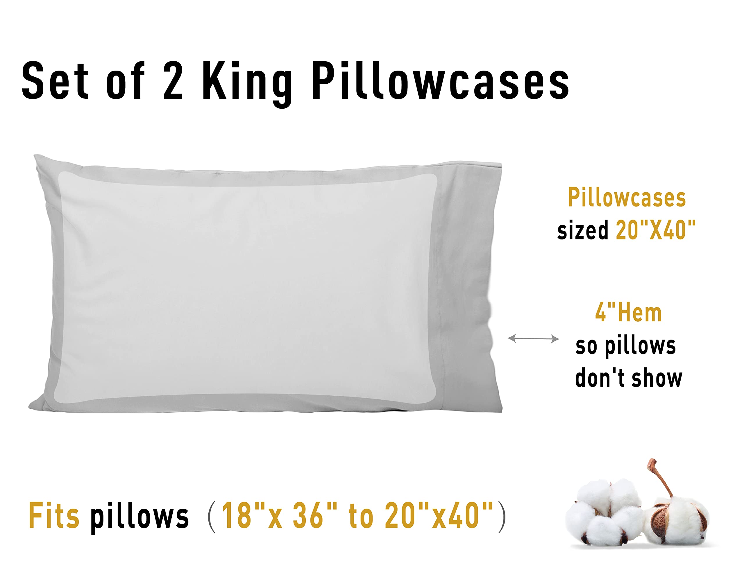 Sunflower King Pillowcases Set Of 2, 100% Cotton King Pillow Cases 2, 20  40 Inches Ash, Soft And Breathable