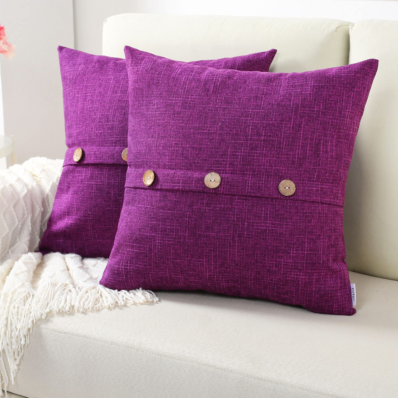 Futei Purple Linen Decorative Throw Pillow Covers 16X16 Inch Set Of 2, Square Cushion Case With Vintage Button/Zipper,Modern Far
