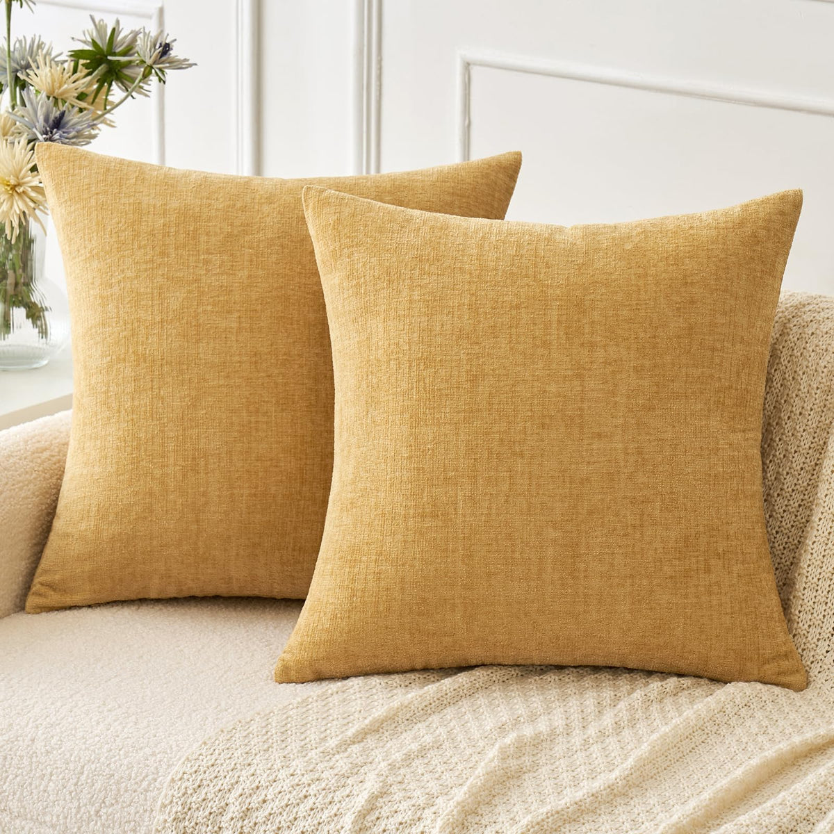 Miulee Pack Of 2 Fall Couch Throw Pillow Covers 18X18 Inch Soft Gold Chenille Pillow Covers For Sofa Living Room Solid Dyed Pill