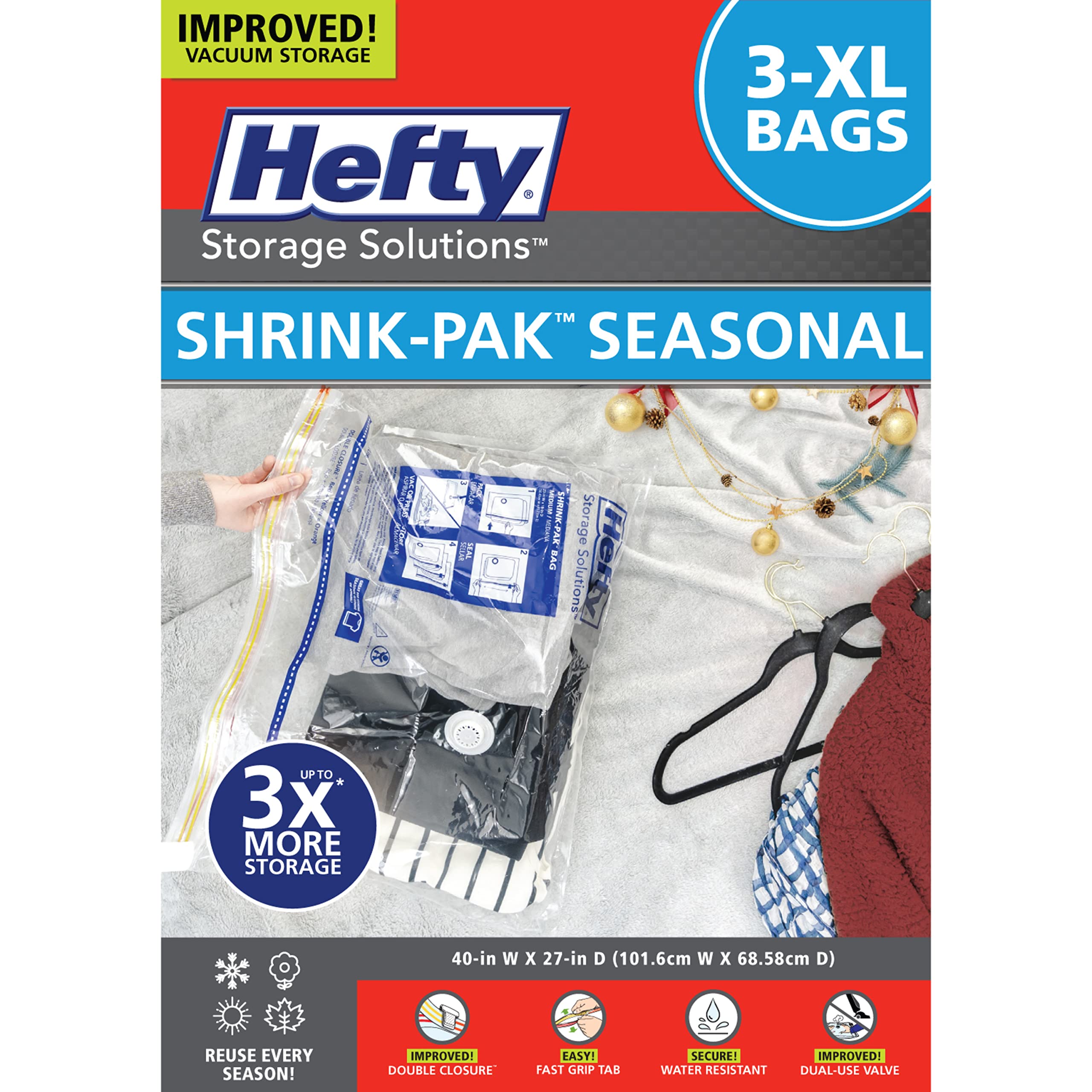 Hefty Shrink-Pak - 3 Extra Large Vacuum Storage Bags for Storage for Clothes, Pillows, Towels, or Blankets - Space Saver Vacuum 