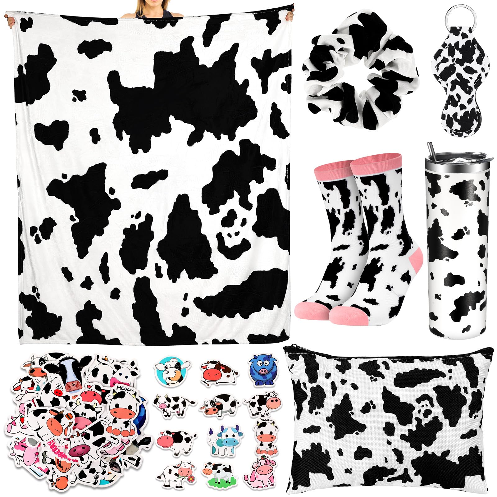 Bokon Cow Print Stuff for Girls, Cow Themed Set Include 50 x 60 Warm Plush Cute Blankets 20 oz Cow Tumbler Socks Cosmetic Bag Li