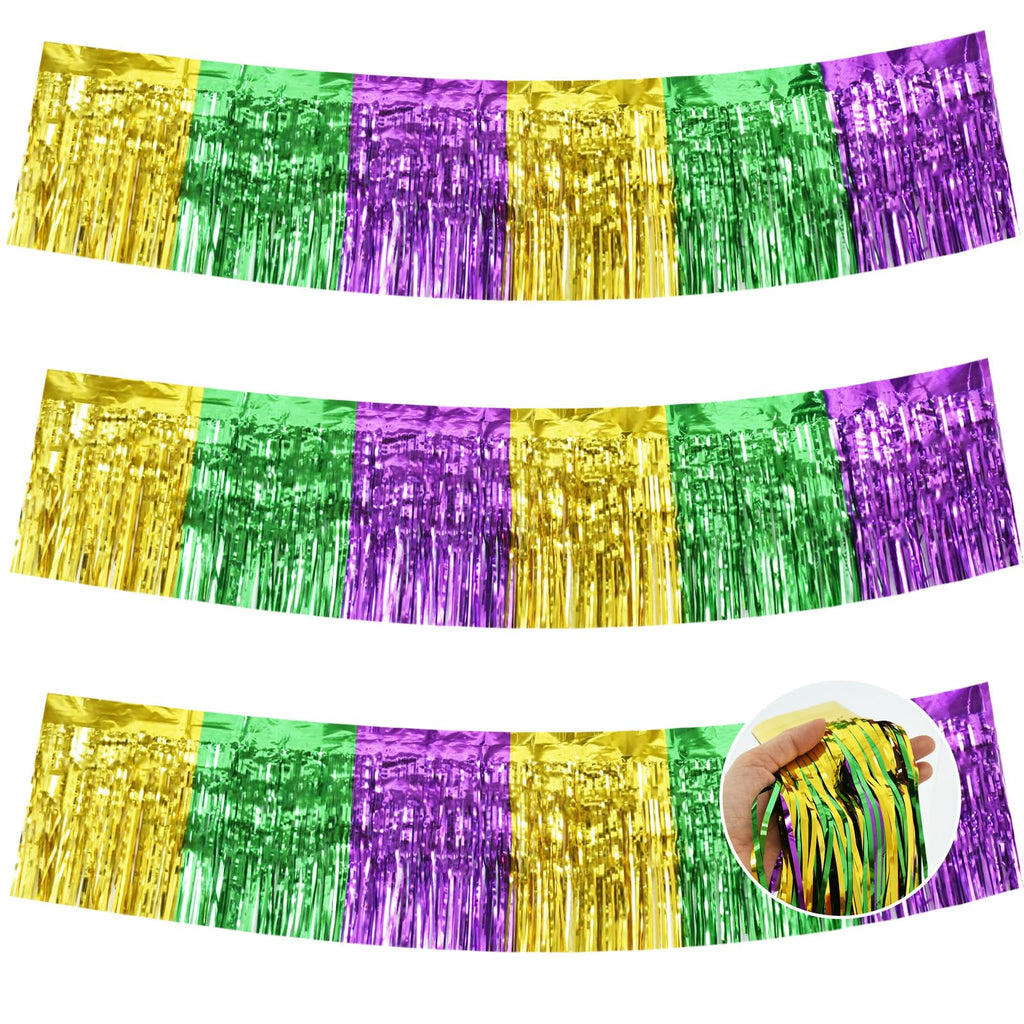 BEISHIDA 3 Packs Metallic Foil Fringe Garland Green Gold Purple Wall Hanging Tinsel Fringe Banners for Car Floats Bridal Shower 