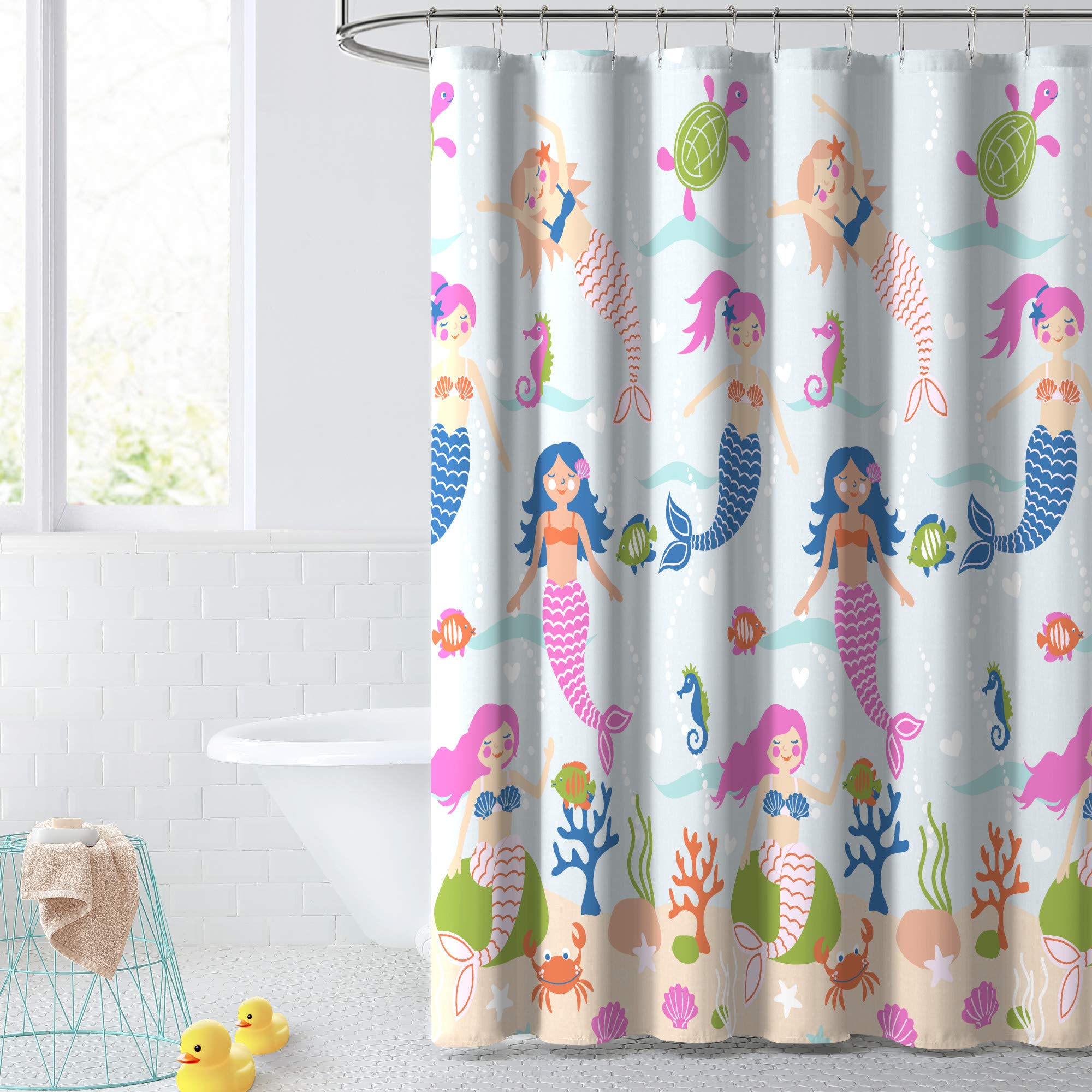 Dream Factory Kids Fabric Shower Curtain For Bathroom, 72 In X 72 In (W X L), Light Blue Mermaid Dreams