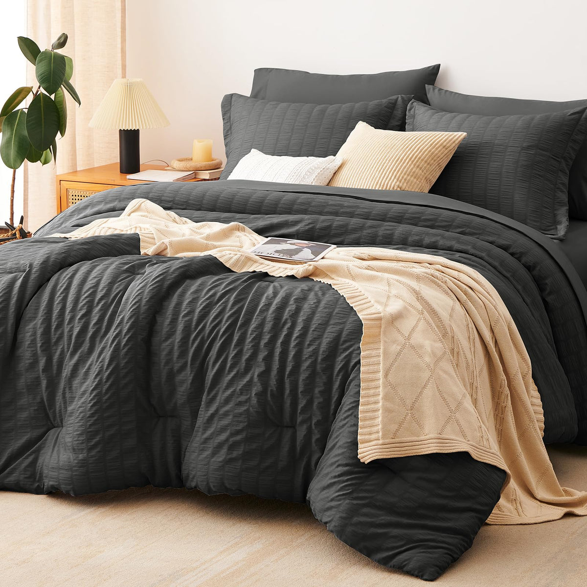 Cozylux Twin Bed In A Bag Dark Grey Seersucker Textured Comforter Set With Sheets 5-Pieces For Girls And Boys - Bedding Sets With Comforter, Pillow Sham, Flat Sheet, Fitted Sheet, Pillowcase