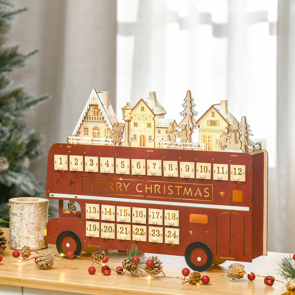 Homcom Christmas Advent Calendar, Light Up Table Xmas Wooden Bus Holiday Decoration With Countdown Drawer, Santa Claus Street Ho