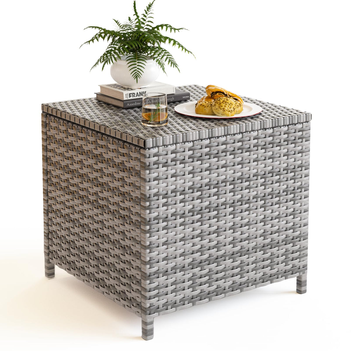 Udpatio Outdoor Wicker Side Table With Storage Patio Rattan End Table Small Resin Square Container Coffee Table Backyard Pool For Furniture Covers, Toys And Gardening Tools (Grey)