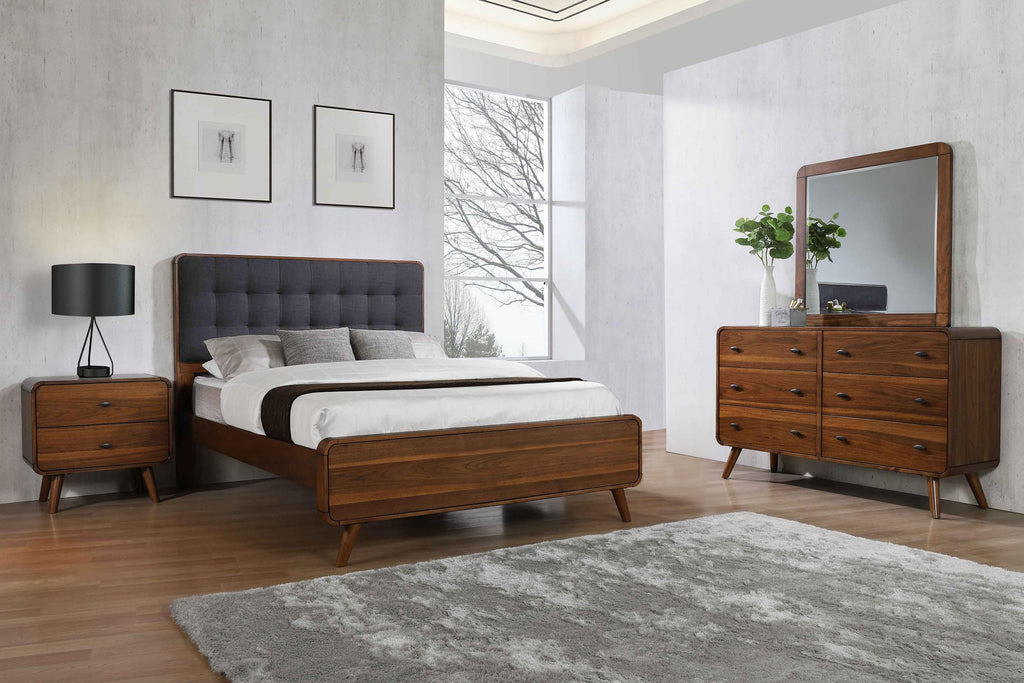 Coaster Home Furnishings Robyn Contemporary 4-Piece Bedroom Set Fabric Upholstered Eastern King Size Panel Bed Frame 53-inch Headboard Dark Walnut 205131KE-S4