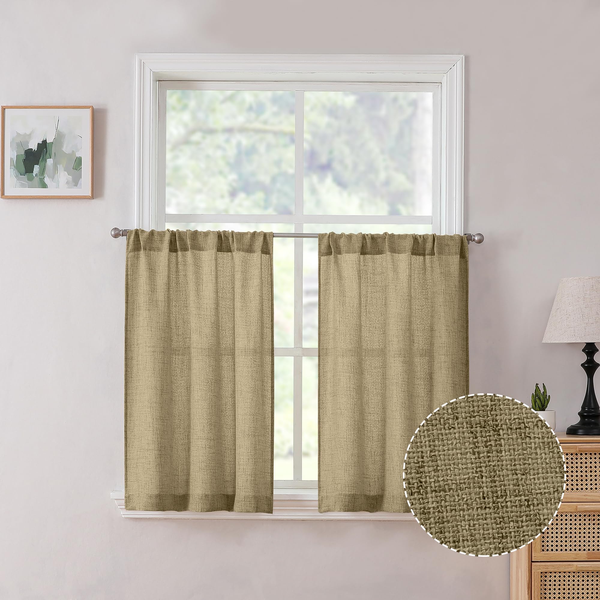Tollpiz Linen Tier Curtain Rod Pocket Semi Sheer Half Kitchen Curtains Burlap Light Filtering Thick Linen Drape for Bathroom, 30