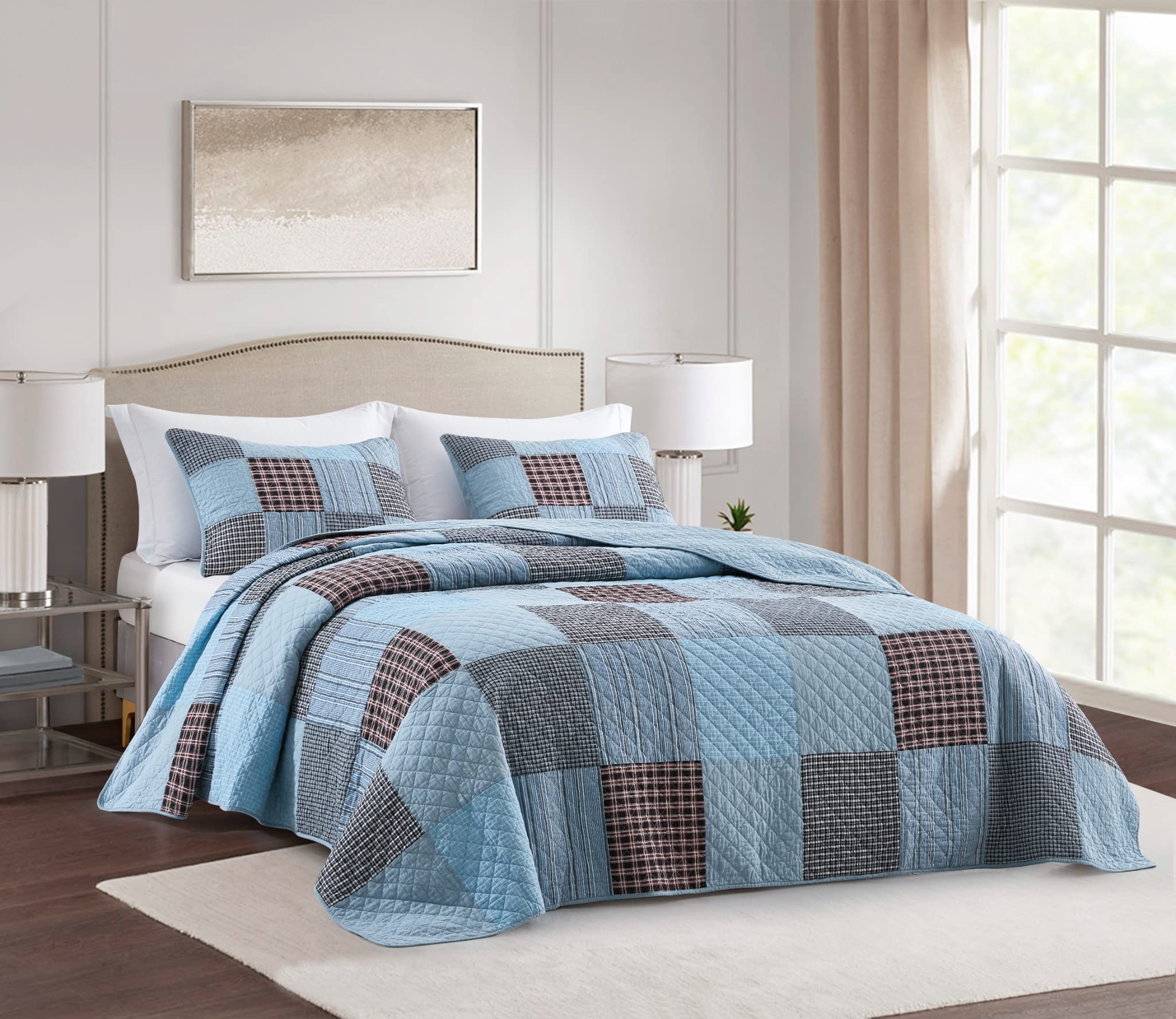 Chezmoi Collection Bram 3-Piece Patchwork Quilt Set Queen - Pre-Washed Cotton Solid Plaid Multi Striped Coverlet - Lightweight R