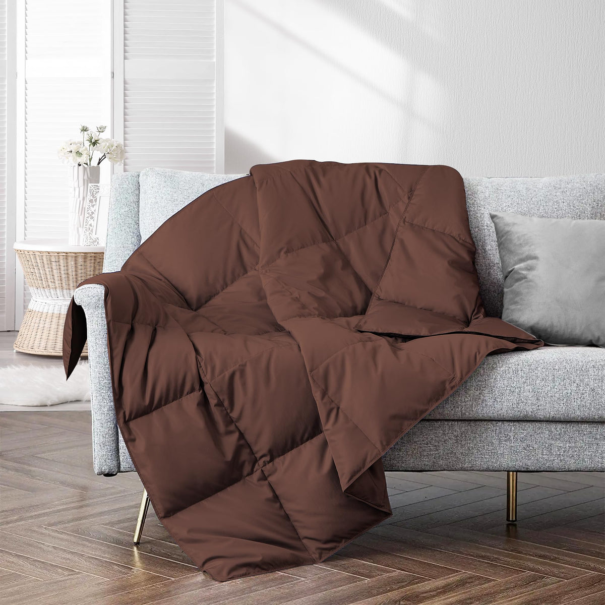 Puredown Soft Feather Down Throw Blanket Lightweight Packable Couch Throw for Indoor and Outdoor Use, 50''X70'', Chocolate