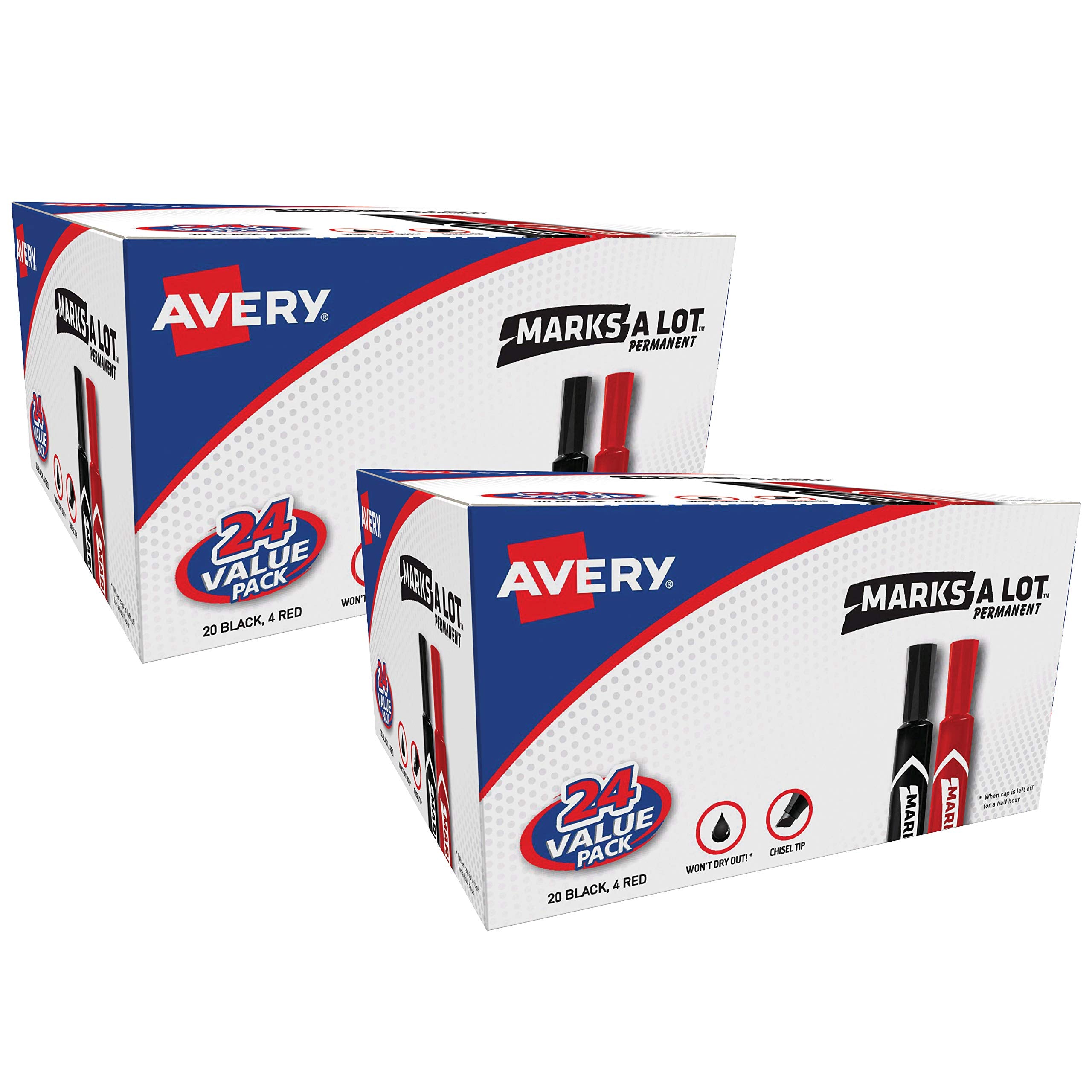 Avery Marks A Lot Permanent Markers, Assorted Colors, 2 Boxes, 48 Chisel Tip Markers Total (98181), One Size