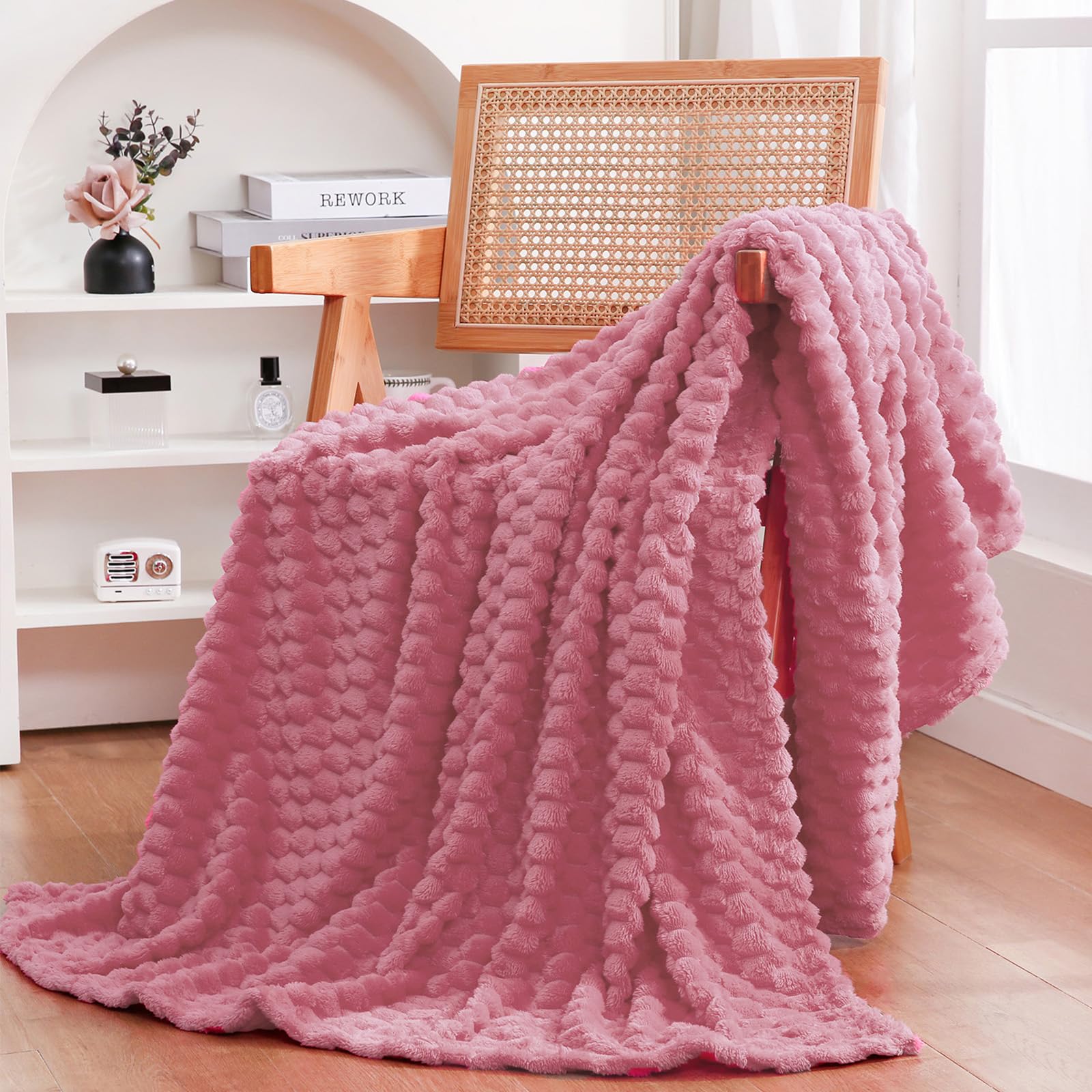 Dusty Pink Throw Blanket 60''  80'' Inches Gifts For Mom Fuzzy 3D Jacquard Decorative Flannel Fleece Super Soft Plush Cozy Blank