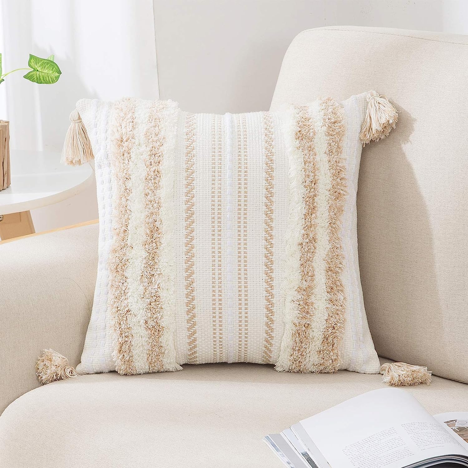 Decoruhome Decorative Boho Throw Pillow Cover 18X18, Accent Neutral Textured Tufted Pillow Cover Striped For Couch Bed Sofa, Kha