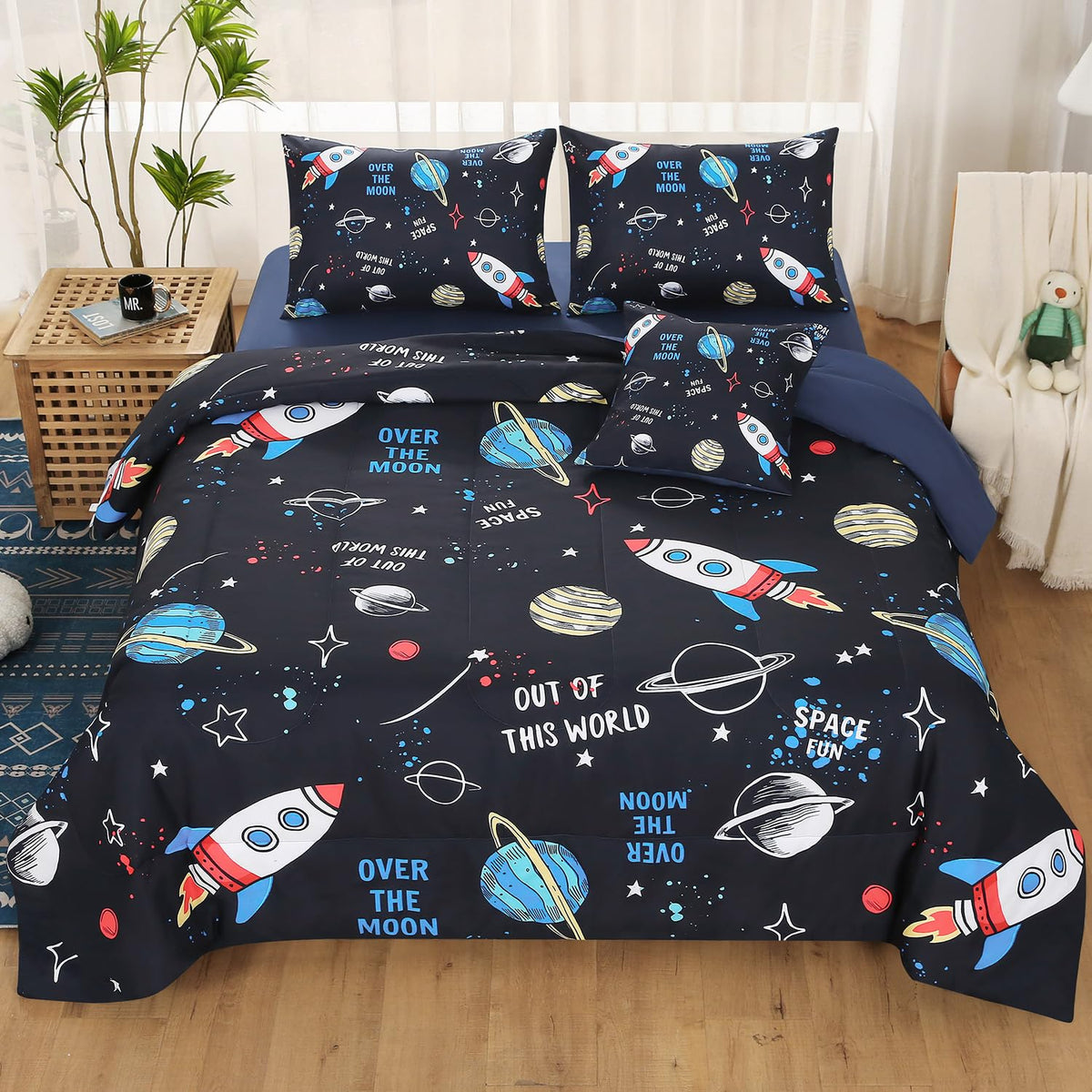 Jqinhome Full Space Comforter Set For Kids,6 Piece Bed In A Bag 3D Galaxy Space Rocket Planets Bedding Set For Teens Boys Girls