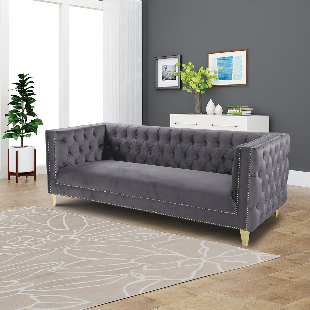 Woodpeckers Furniture And Mattress Luxe Velvet Sofa with Gold Legas, Fully Assembled. (Grey)