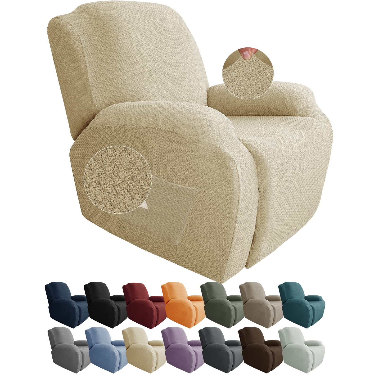Jiviner Newest Design 4-Piece Recliner Chair Covers Stretch Jacquard Covers For Recliner Chair Recliner Slipcovers For Living Room Soft Recliner Protector With Pocket (Recliner, Light Beige)