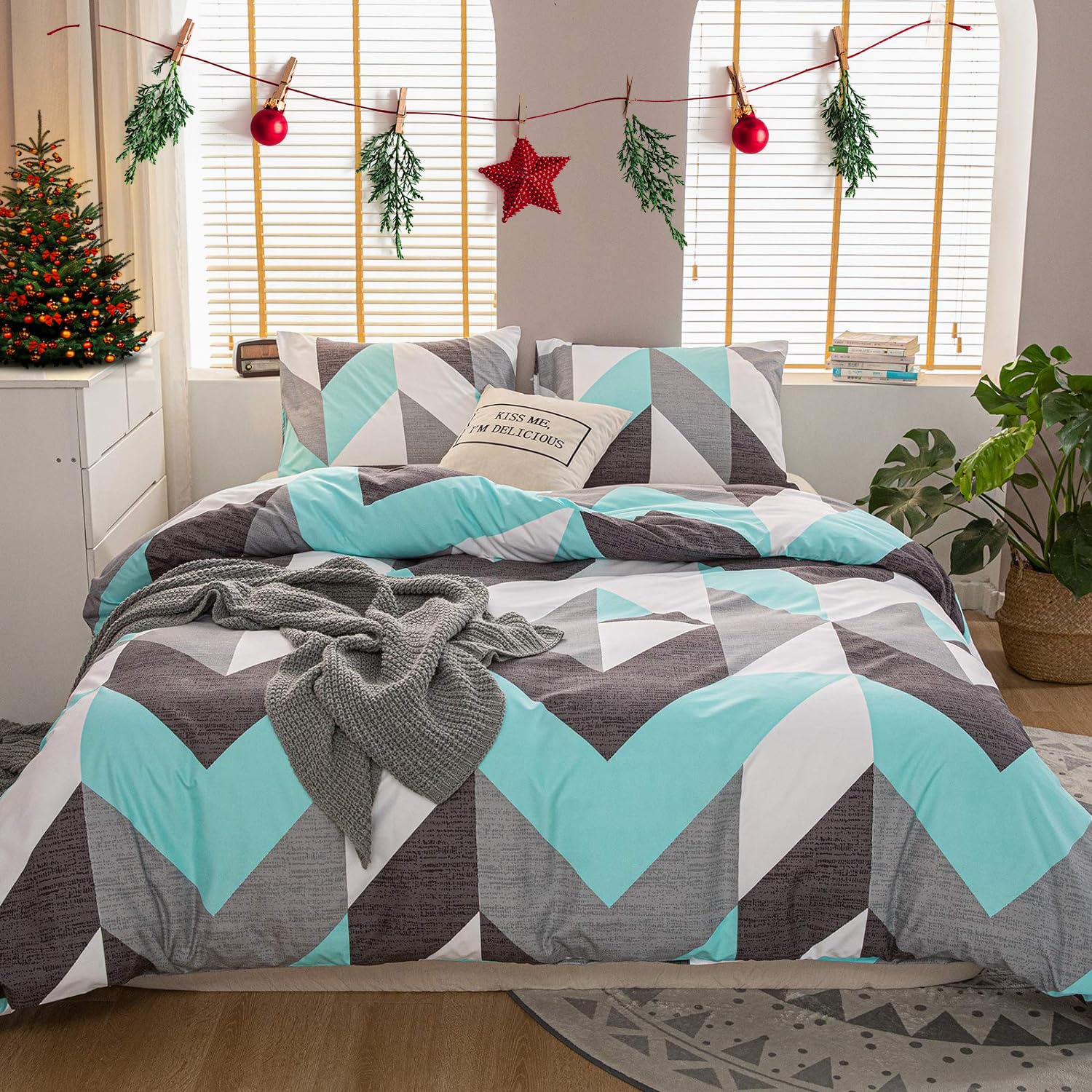 Bedbay Teal Queen Comforter Set Aqua Comforter Set Gray And Teal Zig Zag Geometric Printed 3 Pcs Soft Warm Lighteweight Turquois