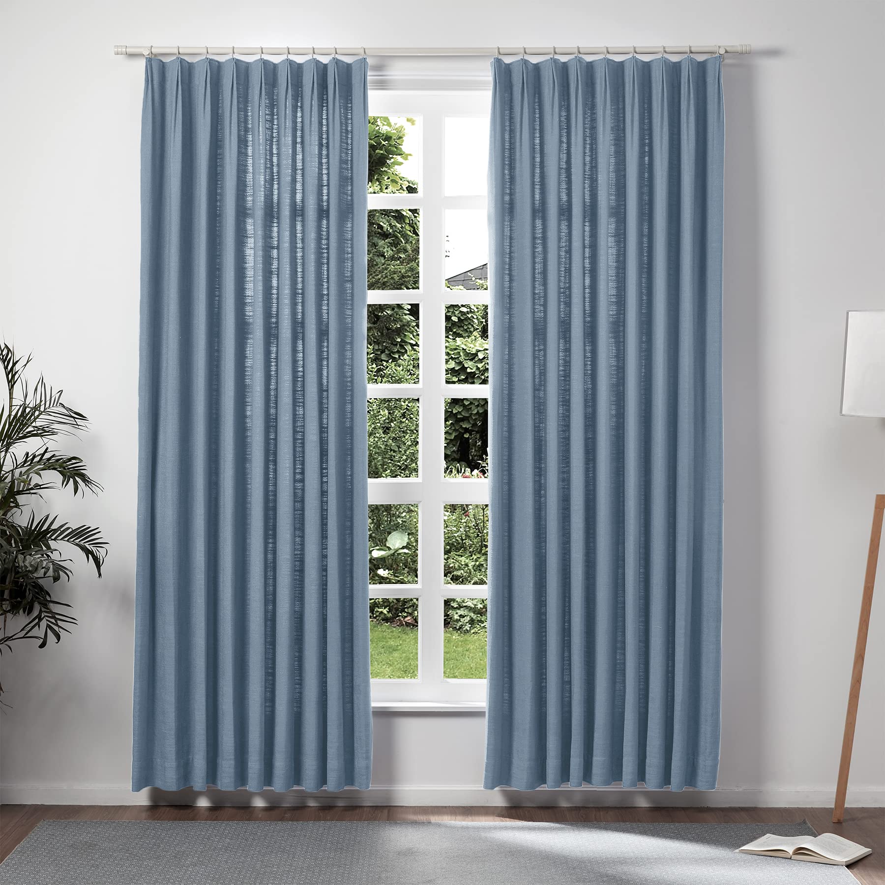 Twopages Aegean Blue Pinch Pleated Drape 96 Inch Length Linen Light Filtering Room Darkening Curtain For Bedroom, Double Layer L