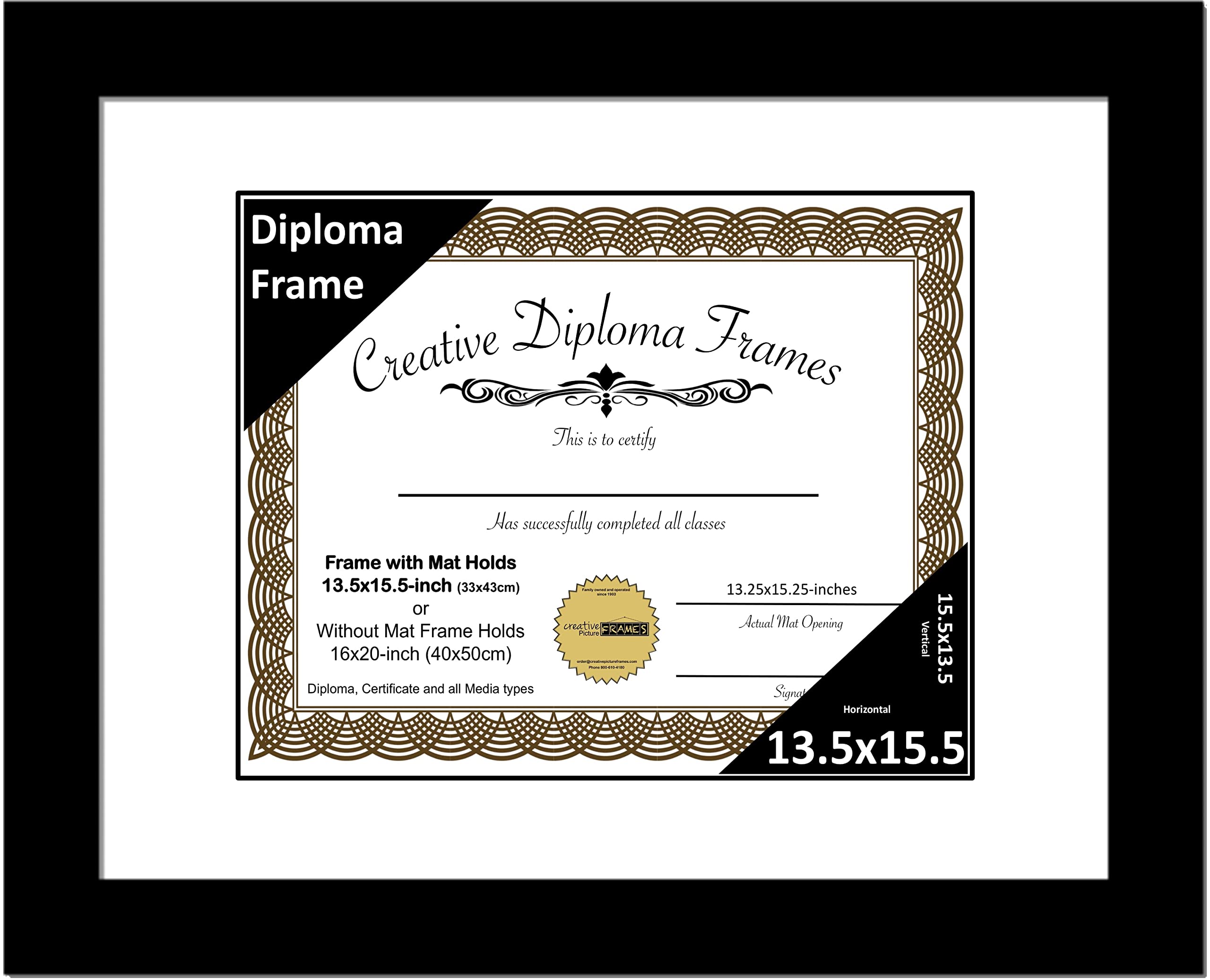 Creative Picture Frames 13.5x15.5 Classic Black Diploma Frame with White Mat Glass Easel and Installed Wall Hangers | Frame Hold