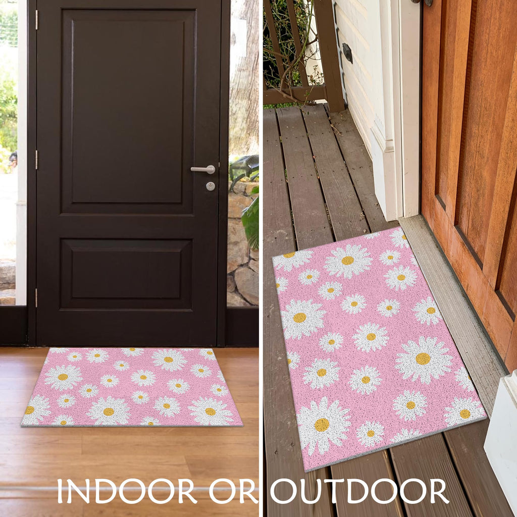 Supwhd Pink Daisy Floral Door Mat, Pink Daisy Floral Welcome Mat, Pink Welcome Mats For Front Door, Floral Outdoor Door Mat,Cute