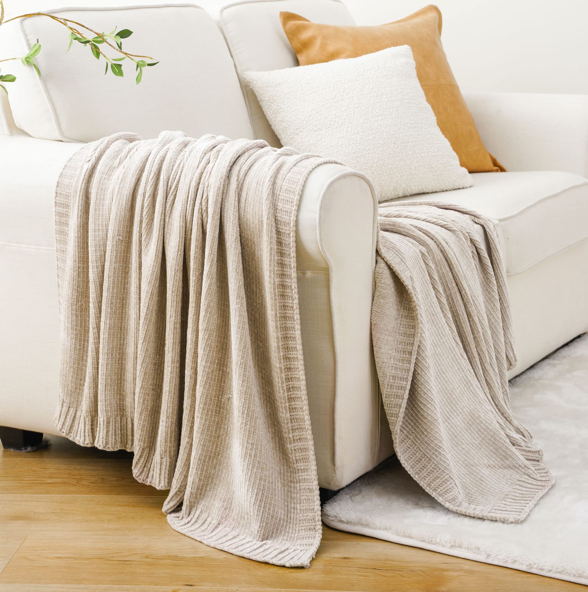 Battilo Home Chenille Knit Throw Blanket For Couch, Cozy Beige Throw Blanket For Home Decor, Neutral Throw Blanket For Sofa Chai