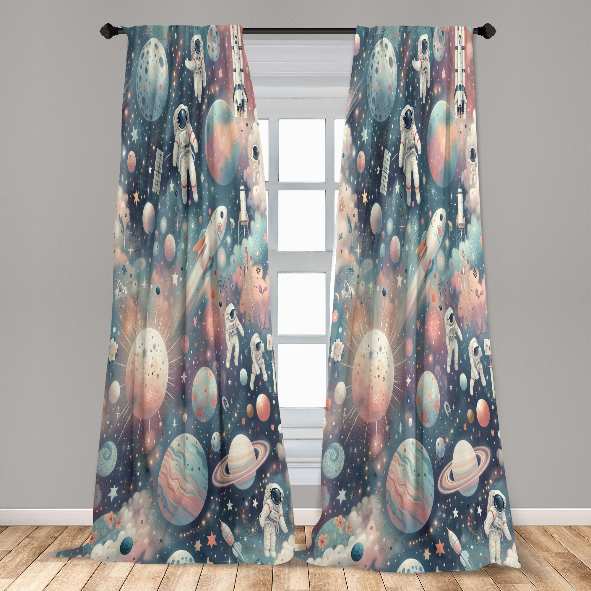 Ambesonne Outer Space Window Curtains Pack Of 2, Dreamy Cartoon Galaxy With Starry Clouds Planets Astronauts Rockets, Lightweigh